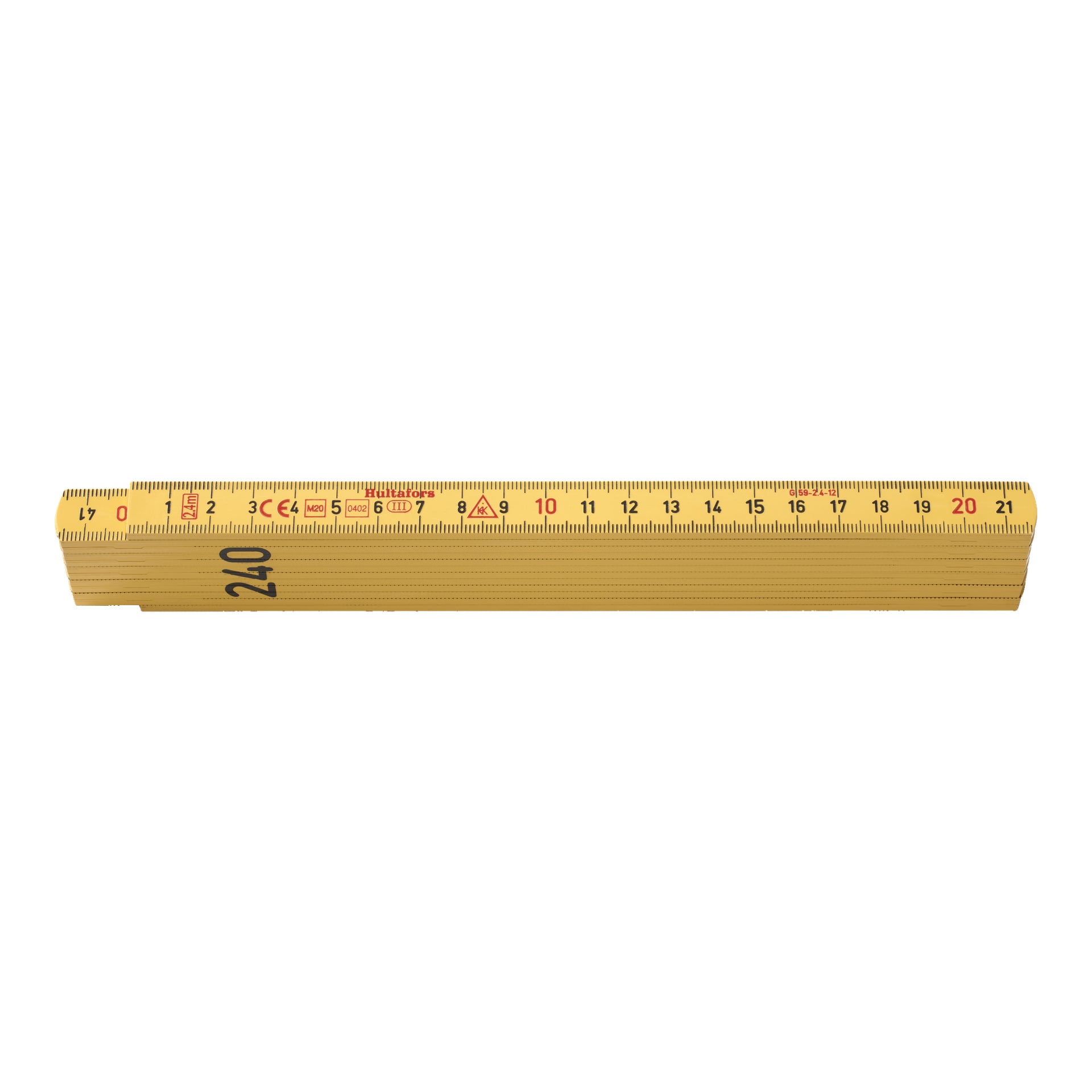 En gul trä-Hultafors-fällningsregel G59 är vikt och visar svarta och röda centimeter- och millimetermarkeringar med siffrorna 1 till 21 tydligt synliga på ett segment.
