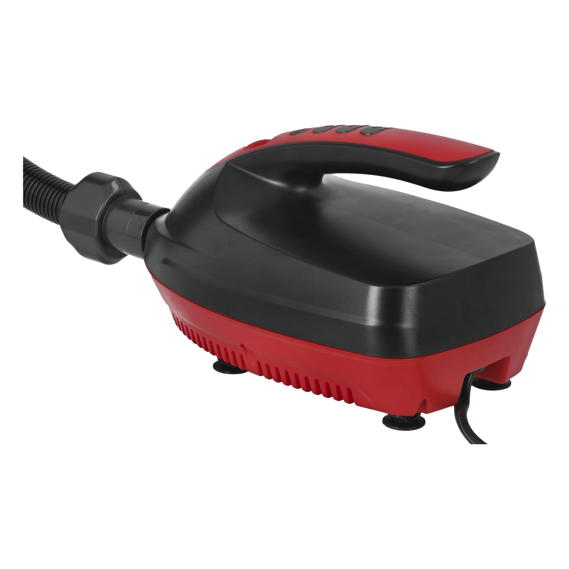 En Kayoba elektrisk pump designad för SUP-brädor, med en svart och röd kropp, ett välvt handtag, en flexibel slang ansluten på ena sidan och fyra små sugkoppar i botten för att hålla den stabil.