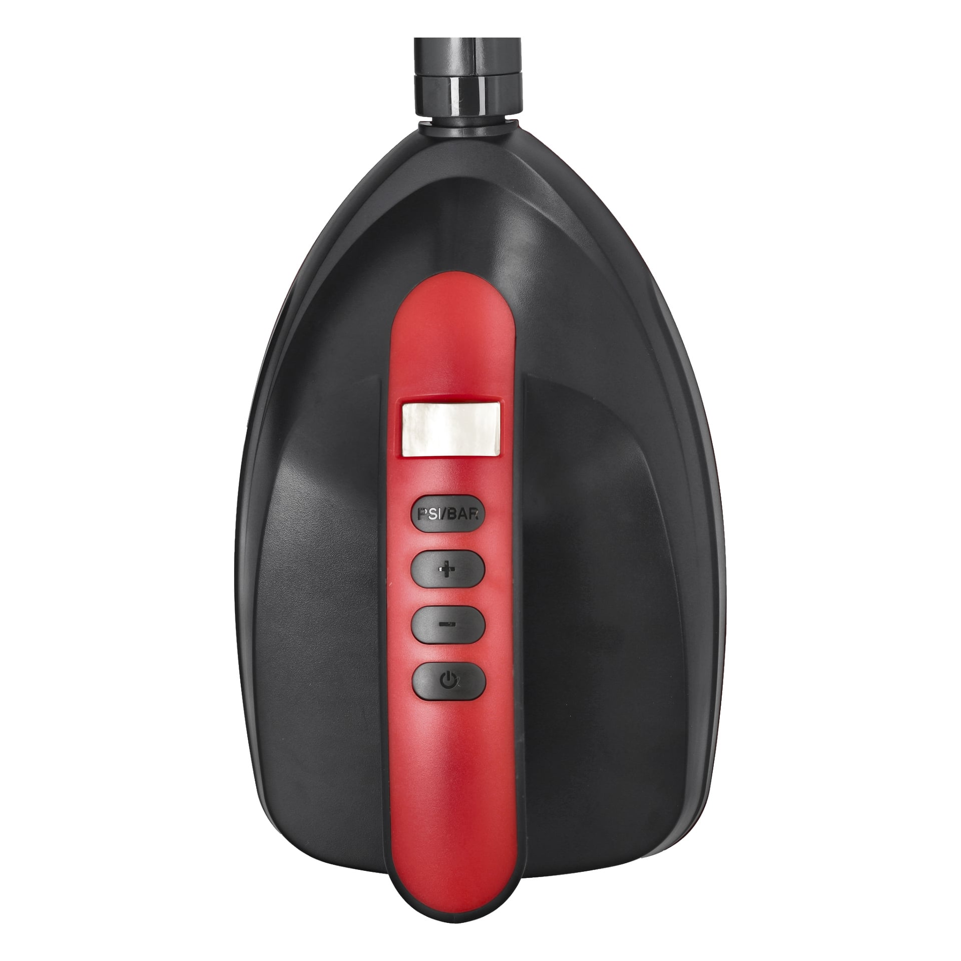 Närbild av Kayoba Electric Pump för SUP-brädor, övervägande svart med röda detaljer. Frontpanelen inkluderar en digital display, en silverknapp, en FSI/BAR-knapp, en strömknapp och två andra runda knappar.