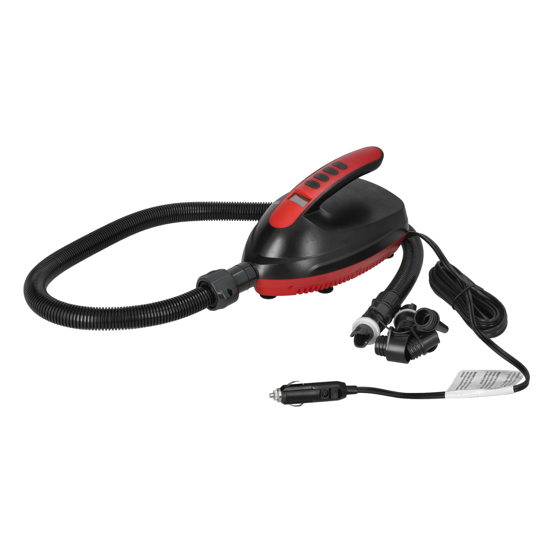 Kayoba Electric Pump för SUP-kort har ett svart och rött färgschema samt en integrerad digital display. Den inkluderar en ansluten slang, flera munstycksadaptrar och ett strömuttag för en bilcigaretttändare.