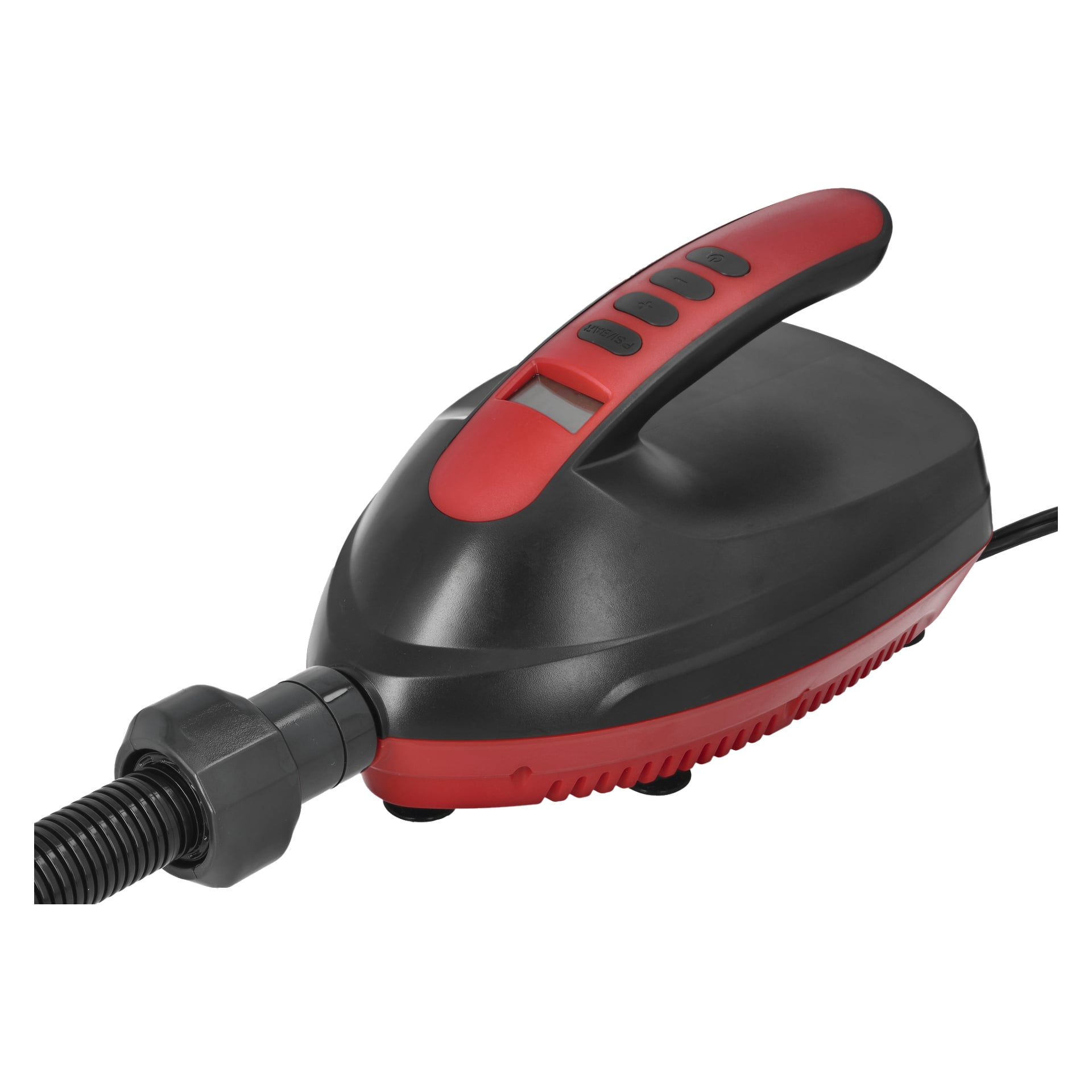 En närbild av Kayoba Electric SUP-kortspumpen framhäver dess svarta och röda design, handtag, kontrollknappar, digital display och en ansluten slangkoppling.