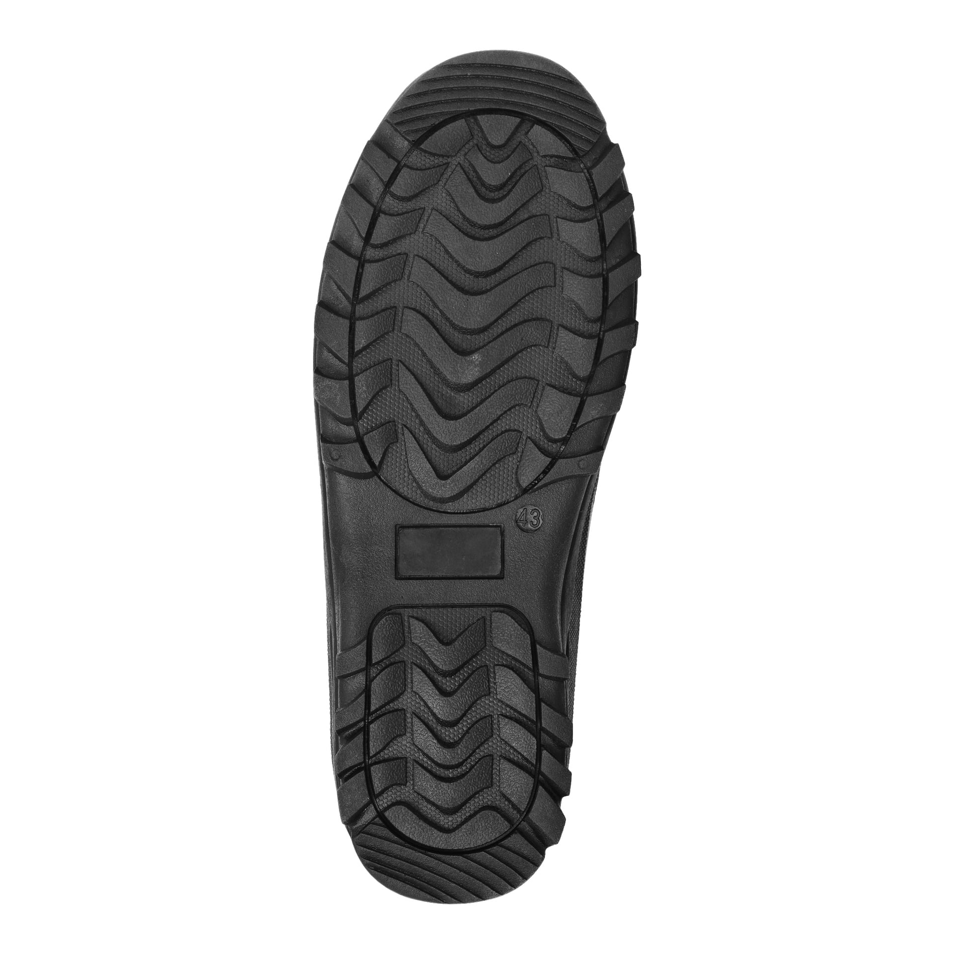 Kuvassa näkyy Kayoba Outdoor Winter -saappaiden musta kumipohja alhaalta katsottuna. Aaltoilevat ja suorat jalkalinjat tarjoavat pitoa, ja keskioikealla näkyy pieni 43 neliön koko, joka osoittaa koon.
