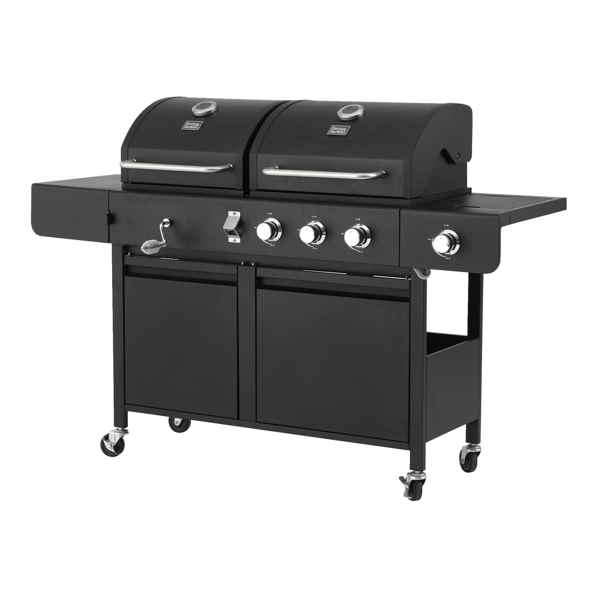 Burns & Barkles All in One 8837 är en svart utomhusgrill med kol och gas med fyra kontrollrattar, dubbla lockade matlagningsfack, sidohyllor, ett nedre förvaringsskåp och fyra hjul.