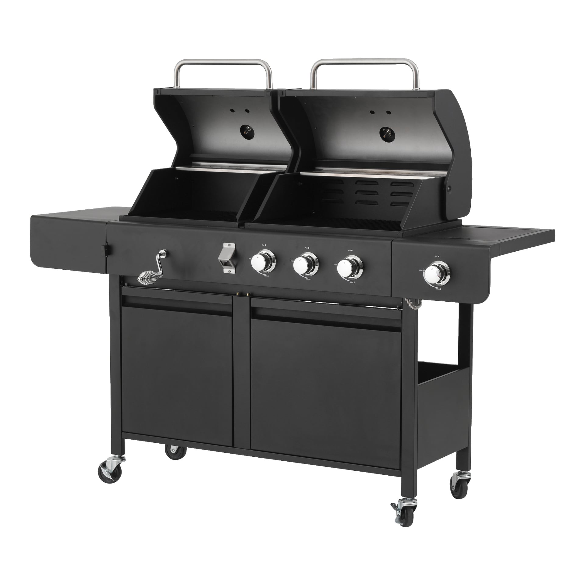 Burns & Barkles All in One 8837 kol- och gasgrill är svart med dubbla kammare, fyra kontrollrattar, en sidobrännare, två handtag, ett förvaringsskåp under grillen och fyra hjul. Båda locken är öppna och visar grillarna inuti.