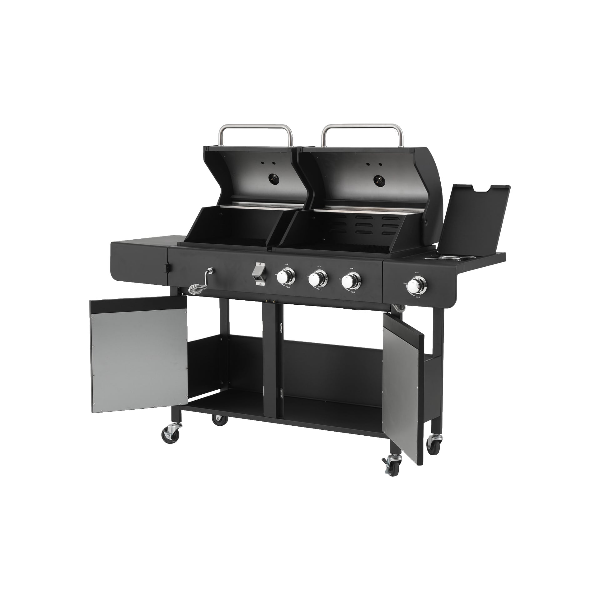 Burns & Barkles Charcoal/Gas Grill All in One 8837 är avbildad med båda locken öppna, vilket visar dess slanka svarta dubbelkammarkonstruktion. Grillen har fyra kontrollrattar, en sidobrännare, ett stadigt handtag, ett öppet förvaringsskåp under och hjulhjul för enkel rörlighet.