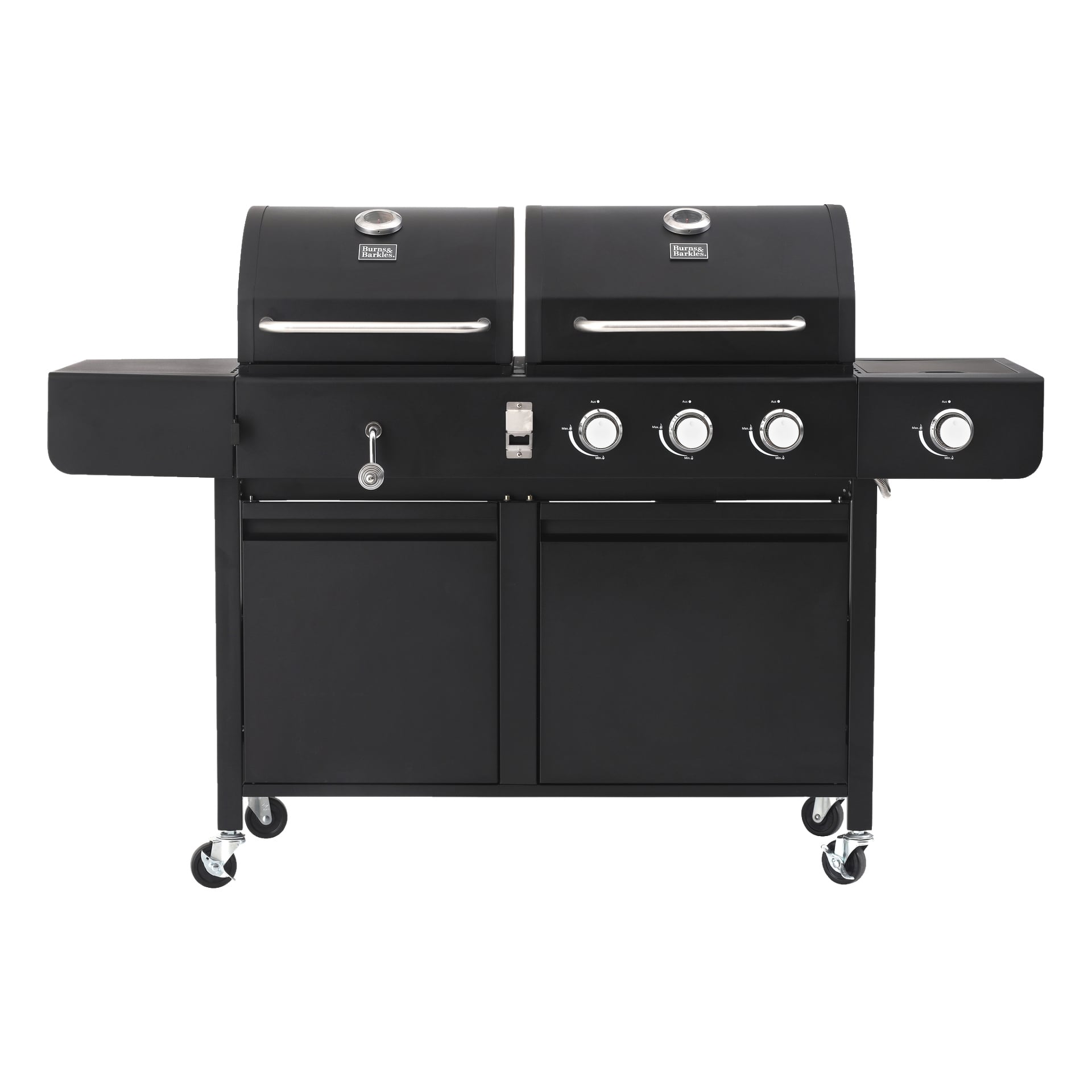 Burns & Barkles Charcoal/Gas Grill All in One 8837 är en stilfull utomhusgrill med två svarta kammare, vardera toppad med ett gångjärnsförsett lock och metallhandtag. Den har fyra kontrollrattar, en sidobrännare för extra bekvämlighet, generöst förvaringsutrymme i underskåpet och starka hjul för enkel transport.