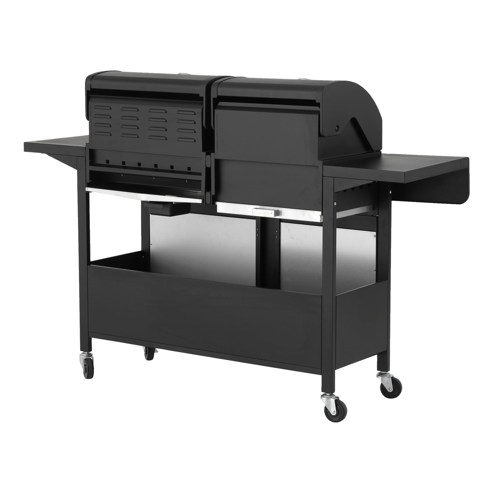 Burns & Barkles Charcoal/gasgrill All in One 8837 är en stilfull svart utomhusgrill med två separata kammare, vardera med eget lock. Den har praktiska sidohyllor, ett stort förvaringsutrymme nedanför och fyra hjul för enkel rörelse. Dess moderna utseende gör den perfekt för trädgårdsmiljöer.