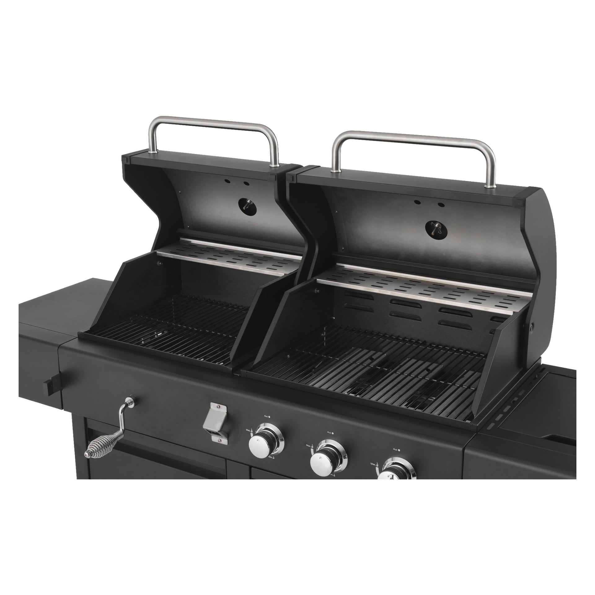 En detaljerad vy av Burns & Barkles kol-/gasgrill All in One 8837, som visar en svart dubbelkammar utomhusgrill med båda locken upplyfta för att visa gallren och brännarna under. Grillen är utrustad med tre kontrollrattar, ett handtag på vänster sida och praktiska sidohyllor.