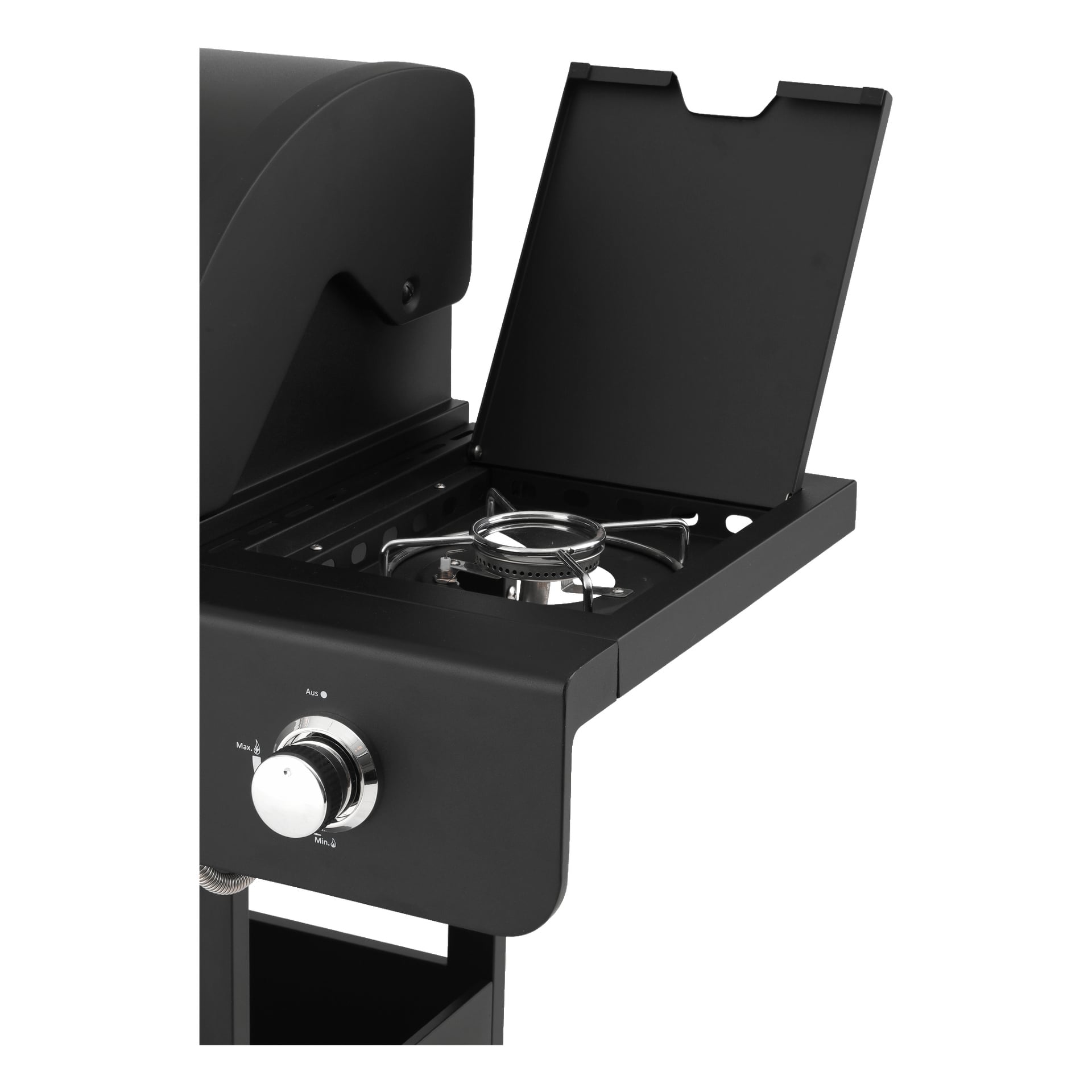 Detaljerad vy av Burns & Barkles All in One 8837-grillen i svart, som visar dess kol- och gasfunktioner. Bilden markerar en öppen sidobrännare med ett runt metallgaller och en framträdande kontrollratt, där en del av huvudgallrets kropp är synlig.