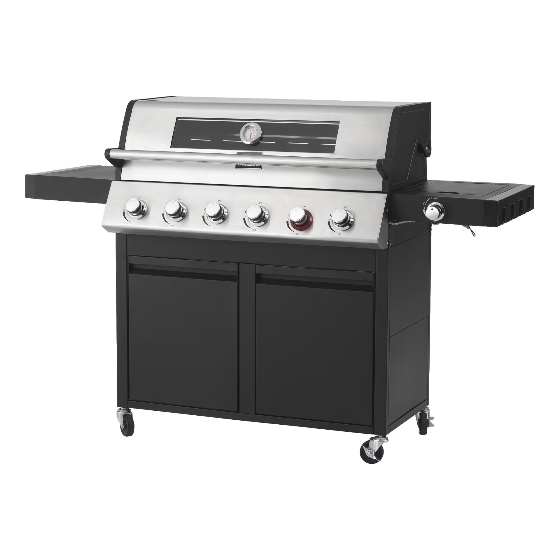 Burns & Barkles Gas Grill Steely King 9042B är en stor grill i rostfritt stål utrustad med sex rattar för styrning, en termometer på huven, sidohyllor för bekvämlighet, ett inhägnat förvaringsutrymme under grillen och hjul för enkel rörelse.