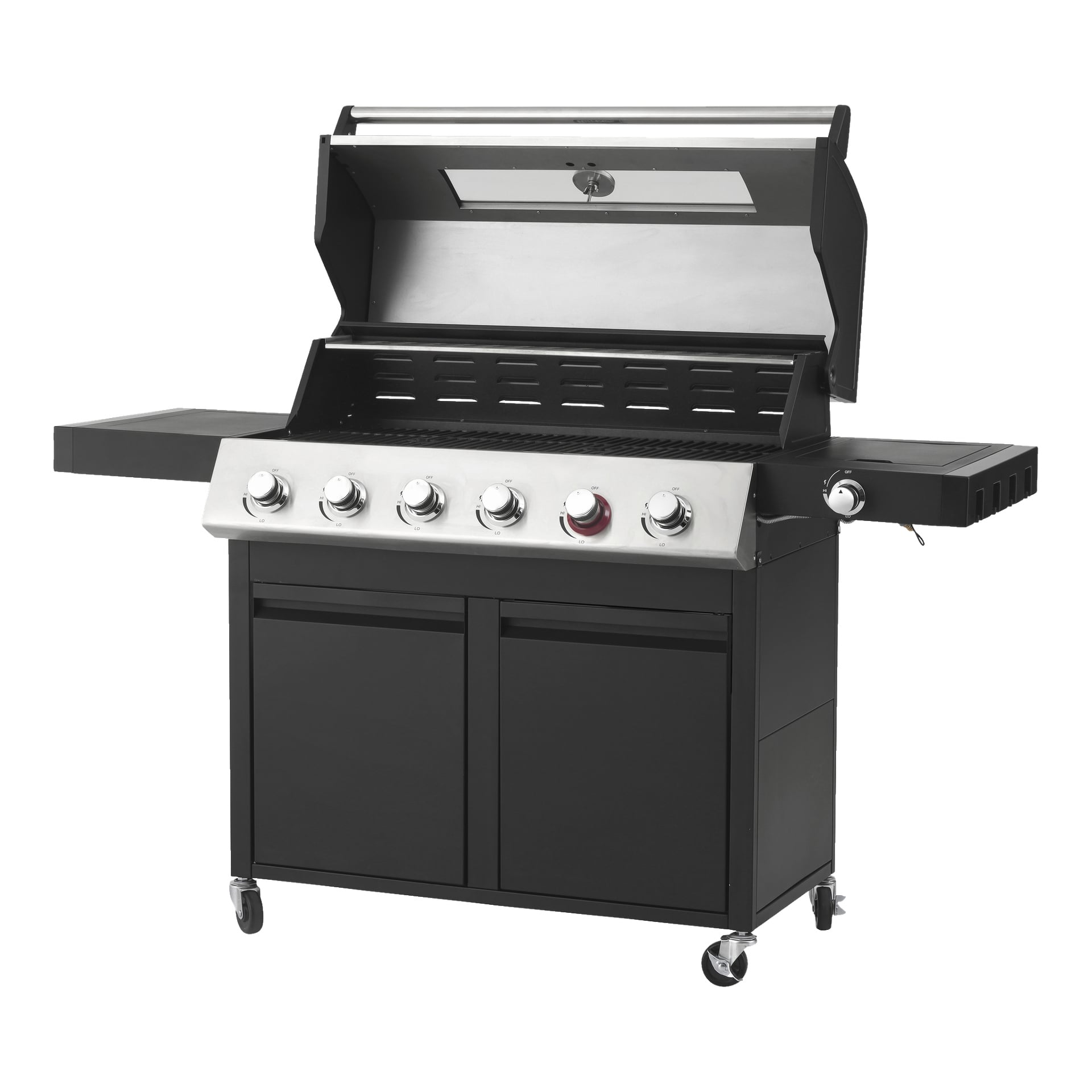 Burns & Barkles Steely King 9042B är en svart gasgrill med öppbart lock, fem kontrollrattar framtill, två hyllor på vardera sidan, en sidobrännare och förvaringsskåp under. Grillen står på fyra hjul för bekväm rörelse.