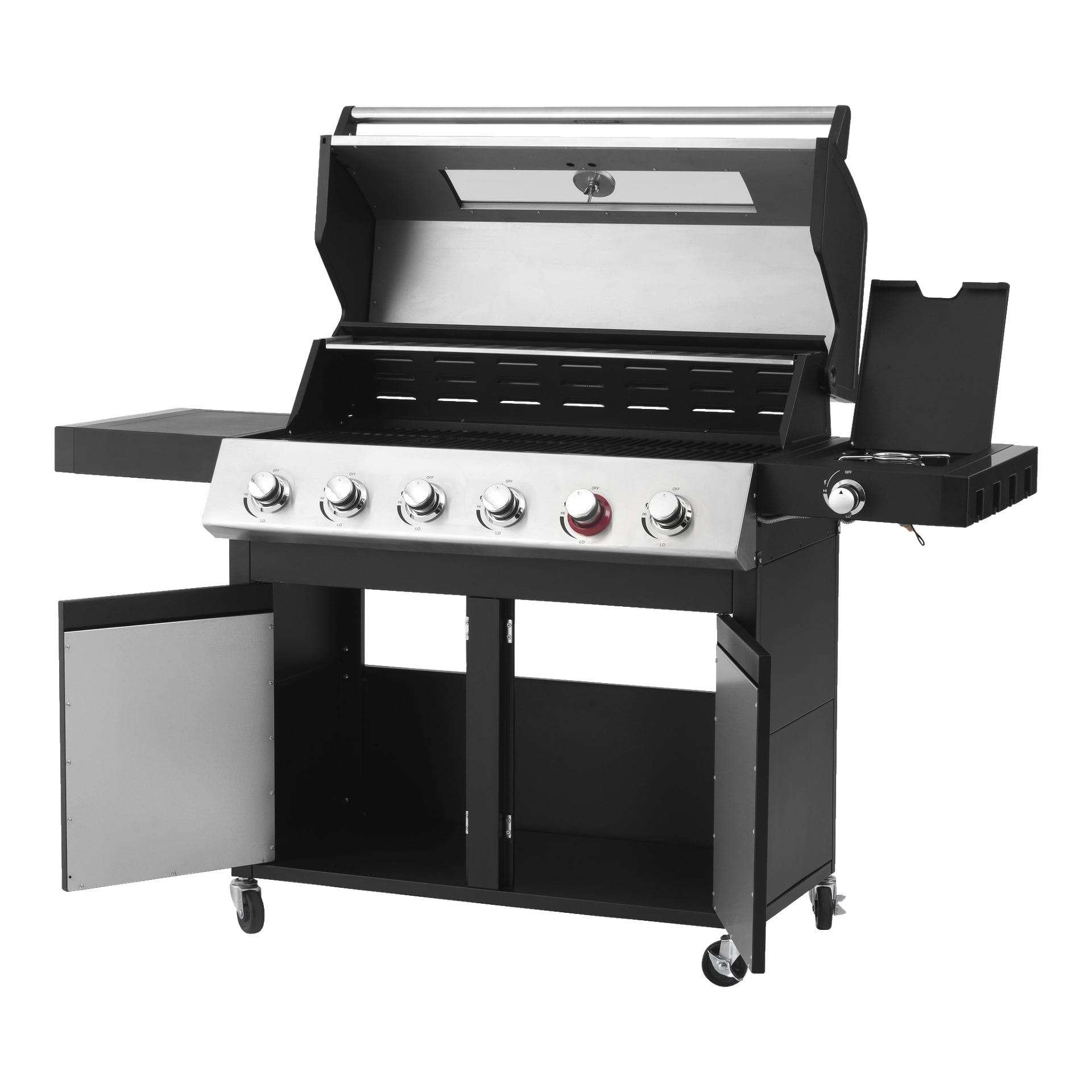 Burns & Barkles Gas Grill Steely King 9042B är en rymlig svart och silverfärgad grill med sexbrännarknoppar, två nedre förvaringsskåp, en sidohylla, en sidobrännare och hjul för enkel rörelse. Huvudlocket är öppet och visar den stora grillytan inuti.