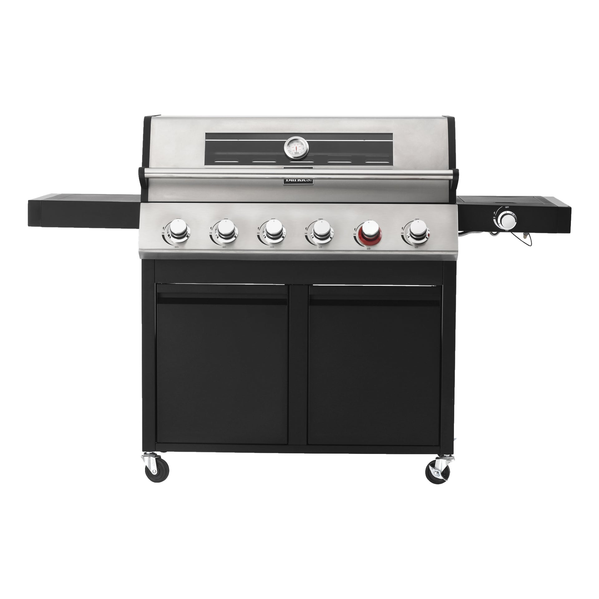 Burns & Barkles Gas Grill Steely King 9042B har rostfritt stål, sex kontrollrattar, en inbyggd termometer, två sidohyllor, ett nedre förvaringsskåp och fyra hjul.