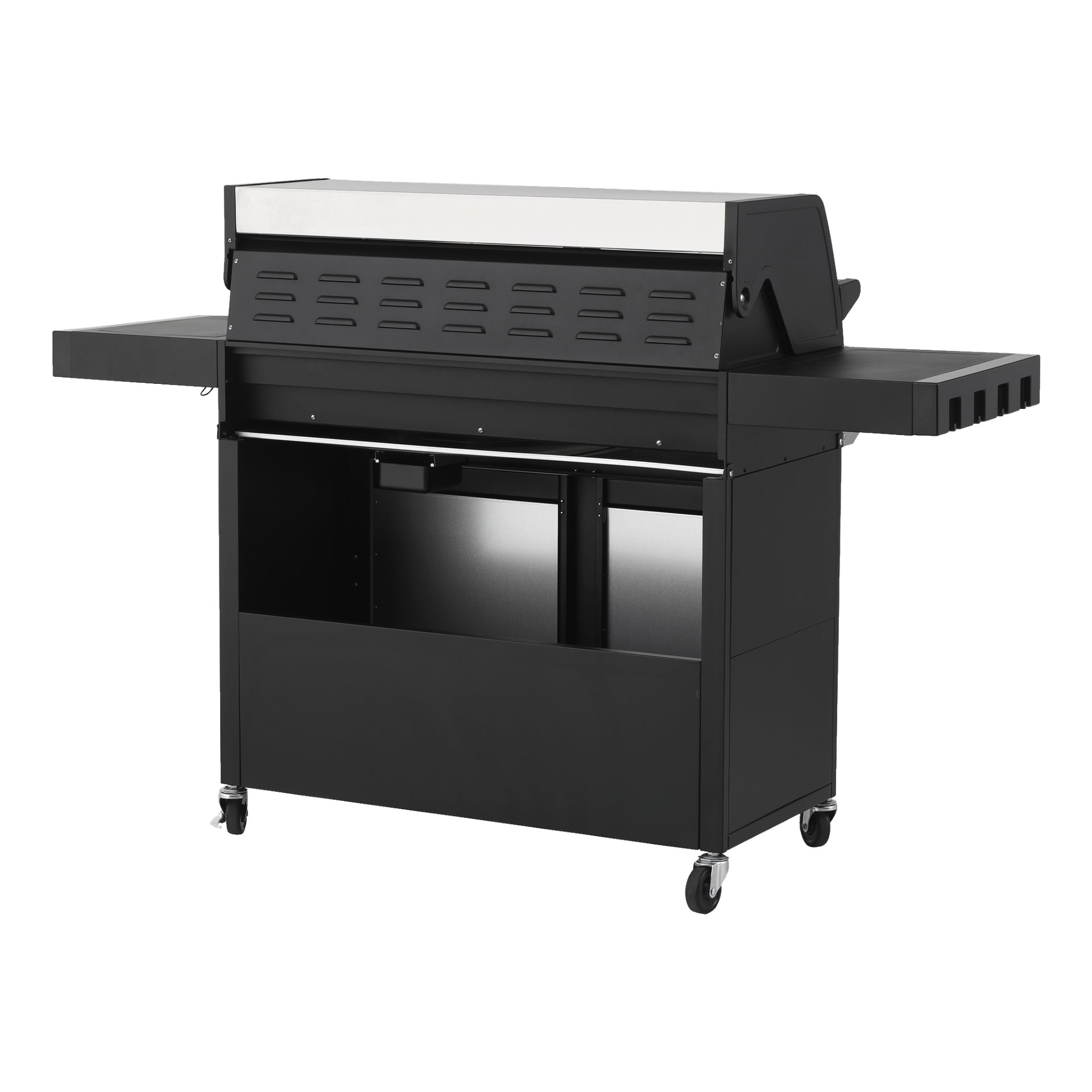 Burns & Barkles Gas Grill Steely King 9042B är en svart grill med lock, sidohyllor, förvaringsutrymme under och hjul för rörlighet. Framsidan har ventilliknande spår och en plan yta ovanpå.