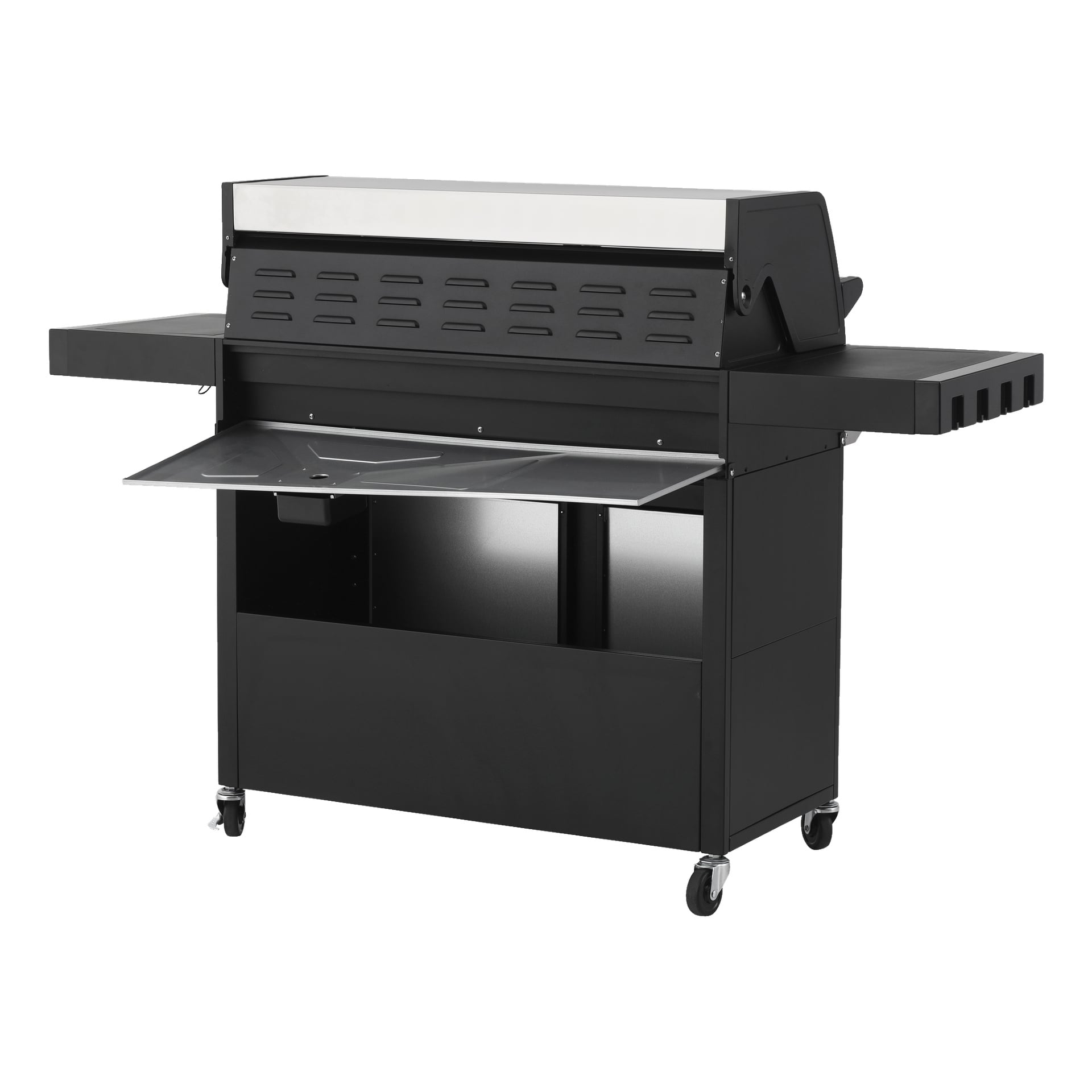 Burns & Barkles Gas Grill Steely King 9042B är en svart, rektangulär grill på hjul med sidohyllor, ett gångjärnslock som är delvis öppet över grillområdet, en öppen front som visar förvaringsutrymme nedanför, och bestickkrokar fästa till höger.