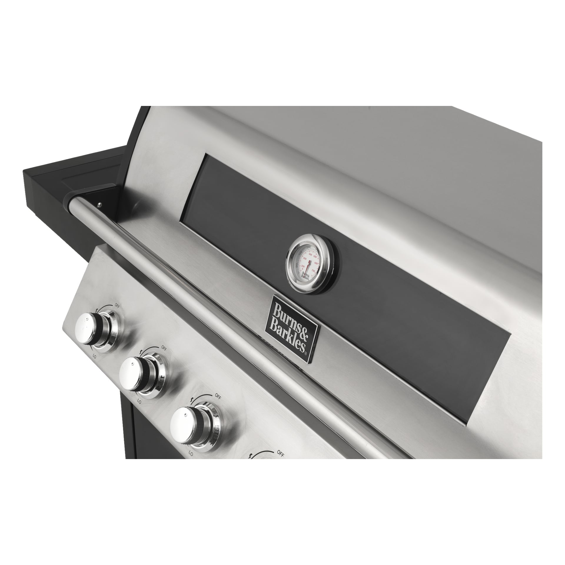 Detaljerad vy av Burns & Barkles Gas Grill Steely King 9042B, med dess moderna rostfria stålfinish, fyra kontrollrattar, en inbyggd temperaturmätare och namnet Burns & Barkles visas på framsidan.