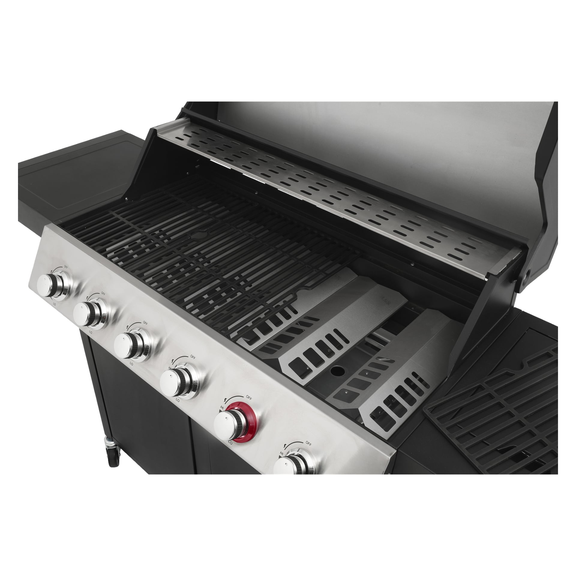Närbild av Burns & Barkles Gas Grill Steely King 9042B visar fem rattar i rostfritt stål, varav en är markerad i rött. Locket är öppet för att visa grillgallren och värmeplattorna inuti.