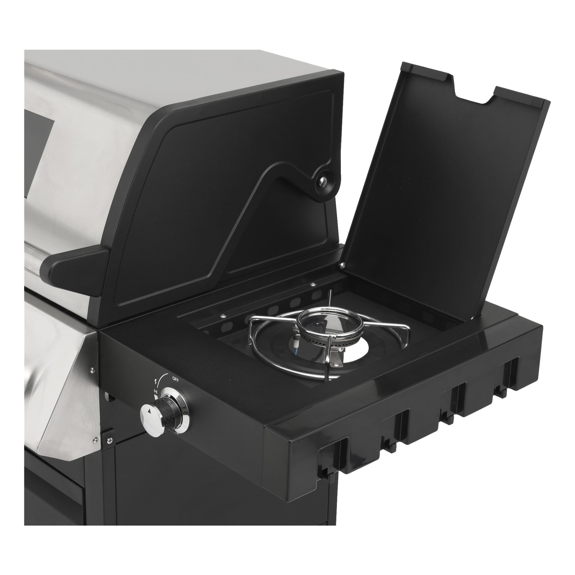 Närbild av Burns & Barkles Gas Grill Steely King 9042B i svart och silverfärgad finish, med en enda sidobrännare. Den öppna sidobrännaren exponerar sitt metallgaller och kontrollratt. Både huvudgrilllocket och locket till sidobrännaren är upplyfta, vilket visar ett orört, oanvänt galler.