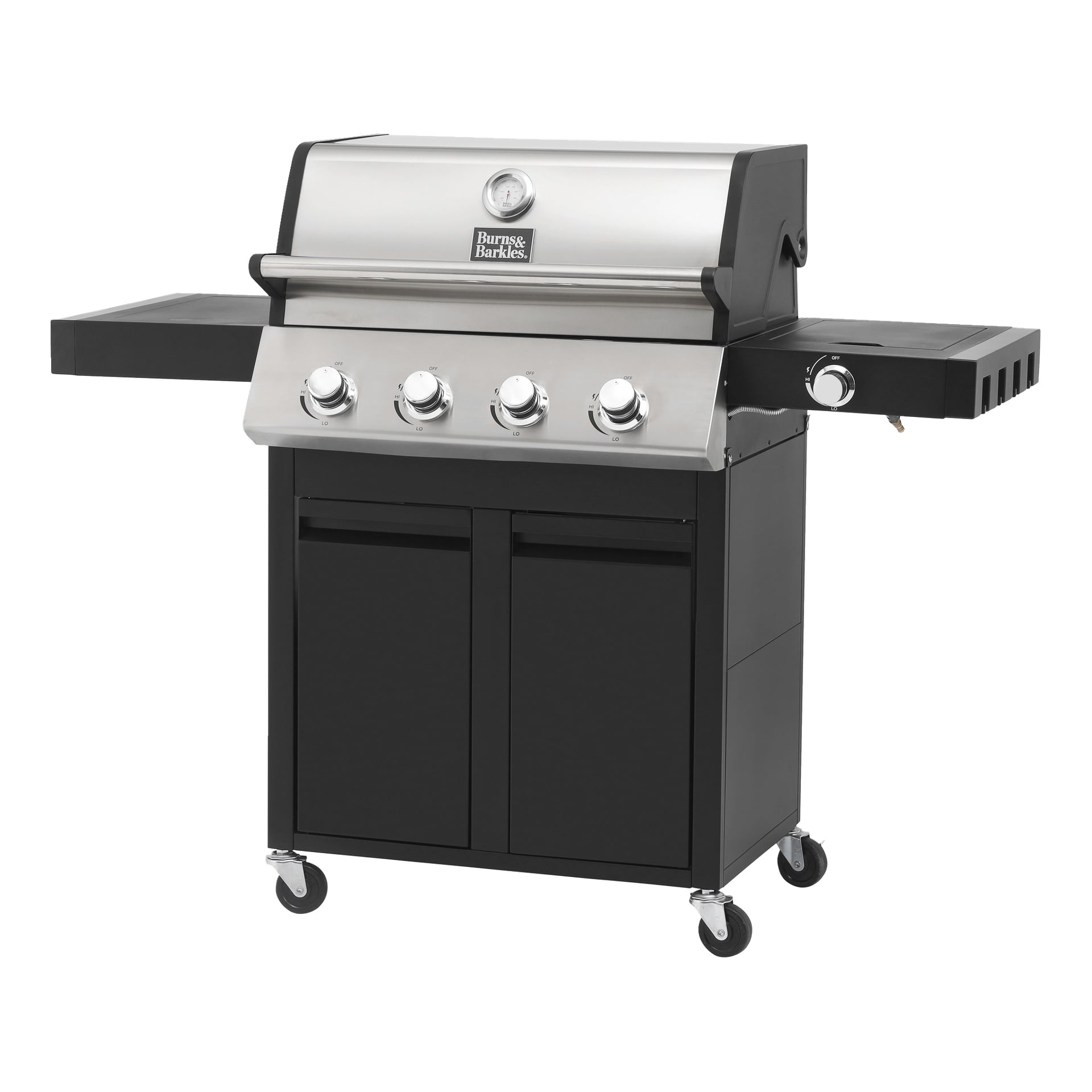 Burns & Barkles Gas Grill Steely King 6342B är ett rostfritt stålgrill utrustat med fyra kontrollrattar, två sidohyllor för bekvämlighet, en temperaturmätare monterad på locket och ett stort förvaringsskåp under. Den har fyra hjul för enkel rörelse och stabilitet.