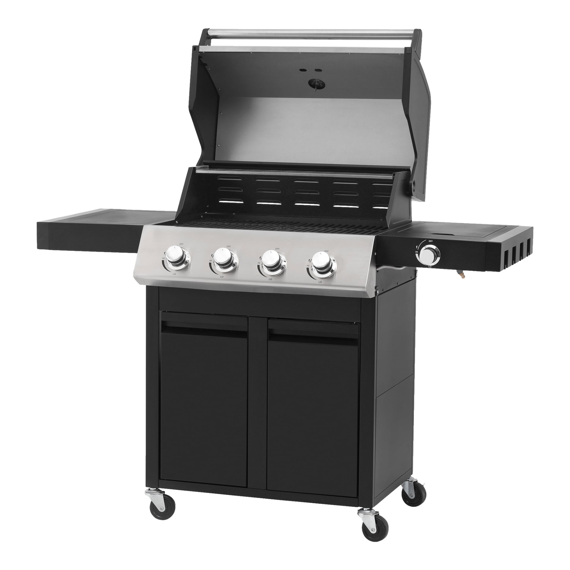 Burns & Barkles Steely King 6342B är en svart fristående gasgrill med fyra kontrollrattar, ett öppbart lock som visar grillområdet, två sidohyllor, ett nedre förvaringsskåp och fyra hjul för enkel rörelse.