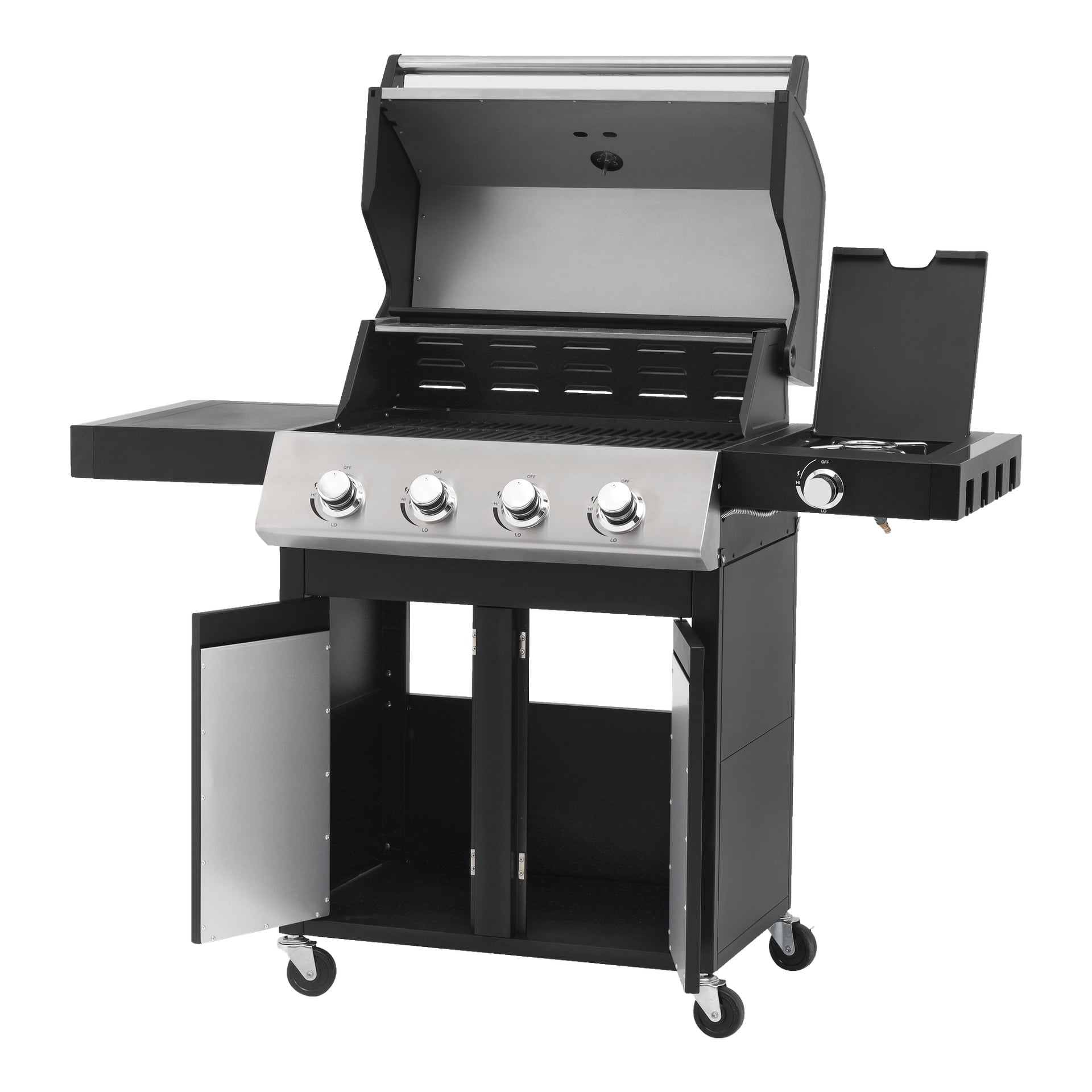 Burns & Barkles Gas Grill Steely King 6342B har en modern svart exteriör med fyra rattar, ett öppet lock som avslöjar ett stort grillutrymme, en brännare på höger sida, praktiska hyllor, förvaringsskåp under och står på fyra hjul för enkel rörelse.