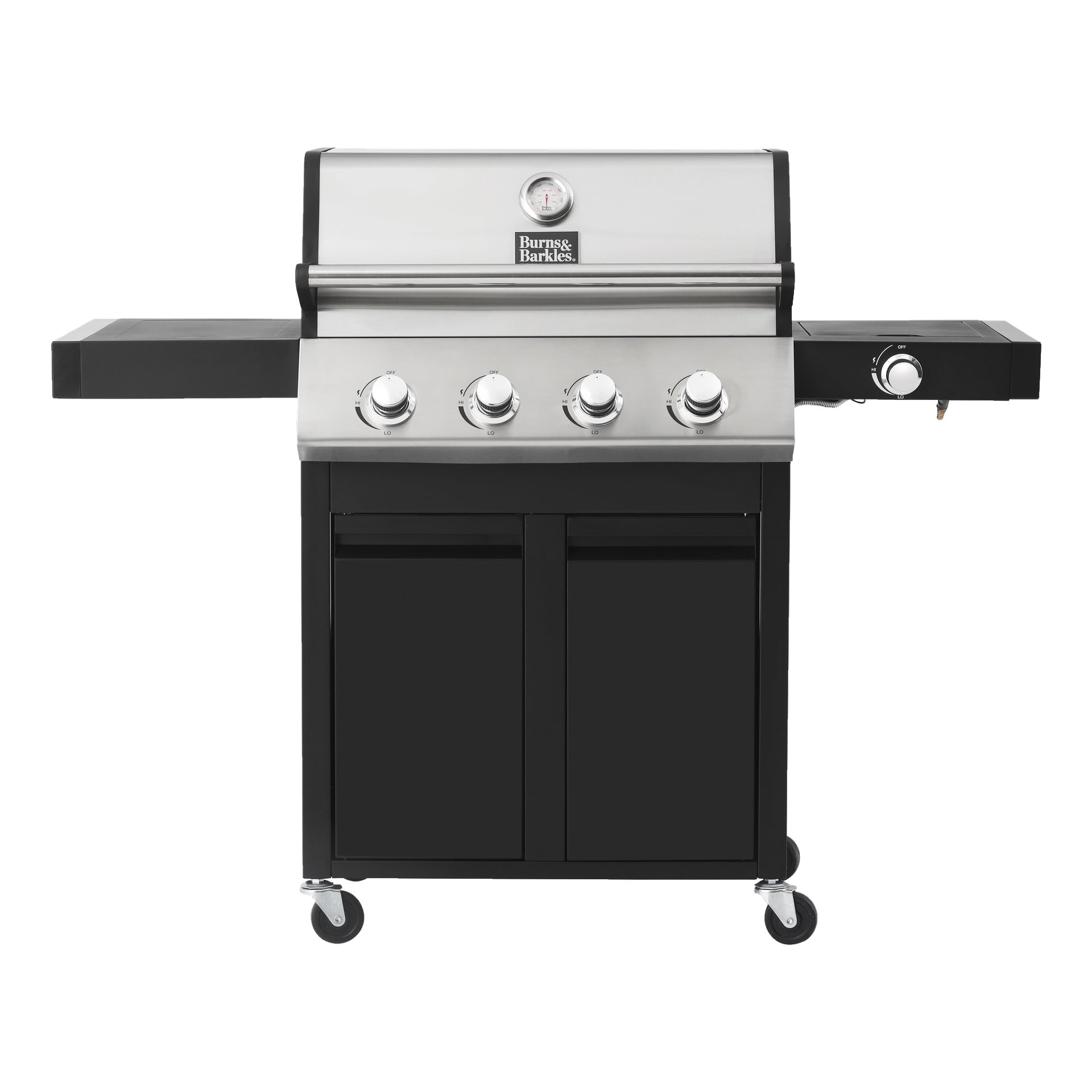 Burns & Barkles Gas Grill Steely King 6342B är en rostfri stålgrill med fyra huvudkontrollrattar, en sidobrännare, rymligt svart förvaringsskåp under, sidohyllor för extra arbetsyta och fyra hjul för portabilitet.