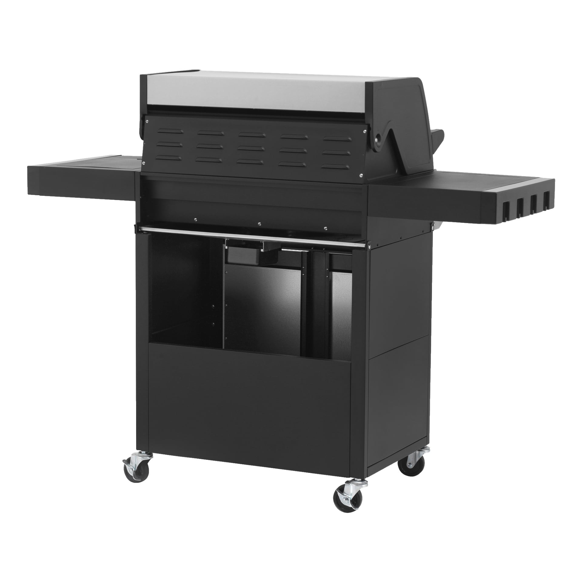 Burns & Barkles Gas Grill Steely King 6342B är en slank svart utomhusgrill med en modern rektangulär form, stängt lock, två sidohyllor, förvaringsutrymme under grillen och fyra hjul för smidig rörelse.