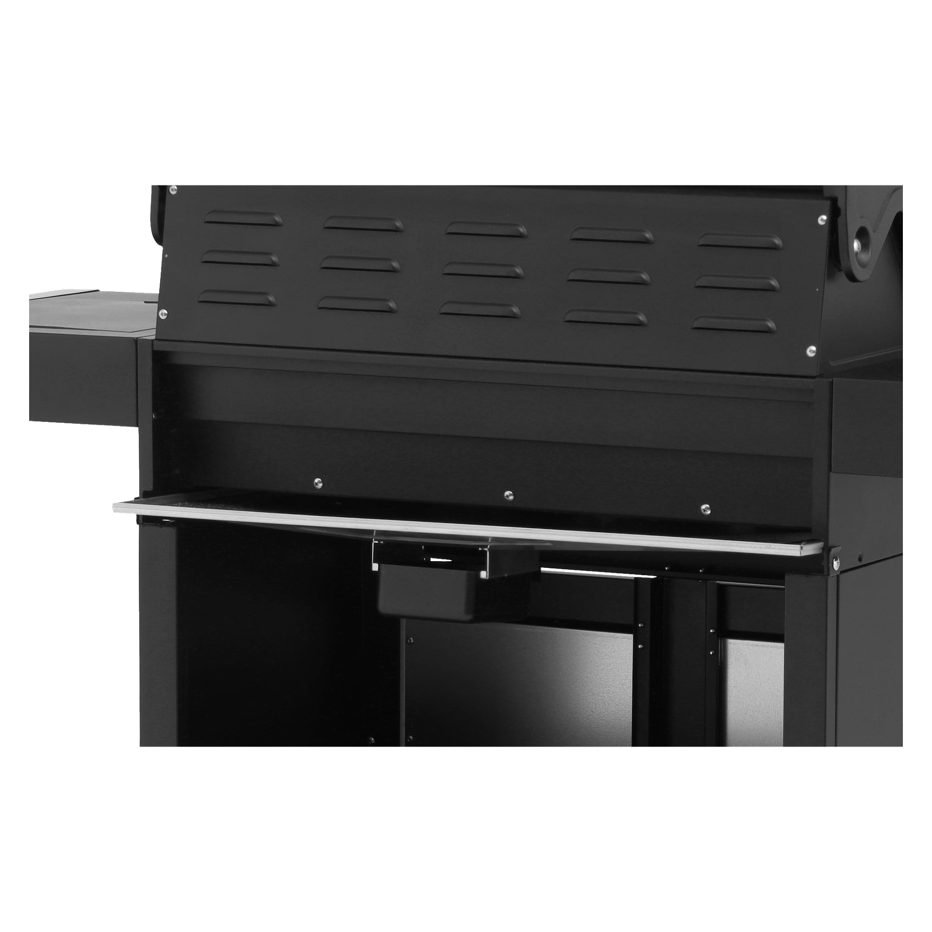 Närbild på Burns & Barkles Gas Grill Steely King 6342B, ett elegant svart metallgrill med locket stängt och synliga ventilationsluckor. Enheten har en sidohylla och har ett öppet underskåp som visar en droppbricka under matlagningsytan. Inga mat- eller grillverktyg finns närvarande.