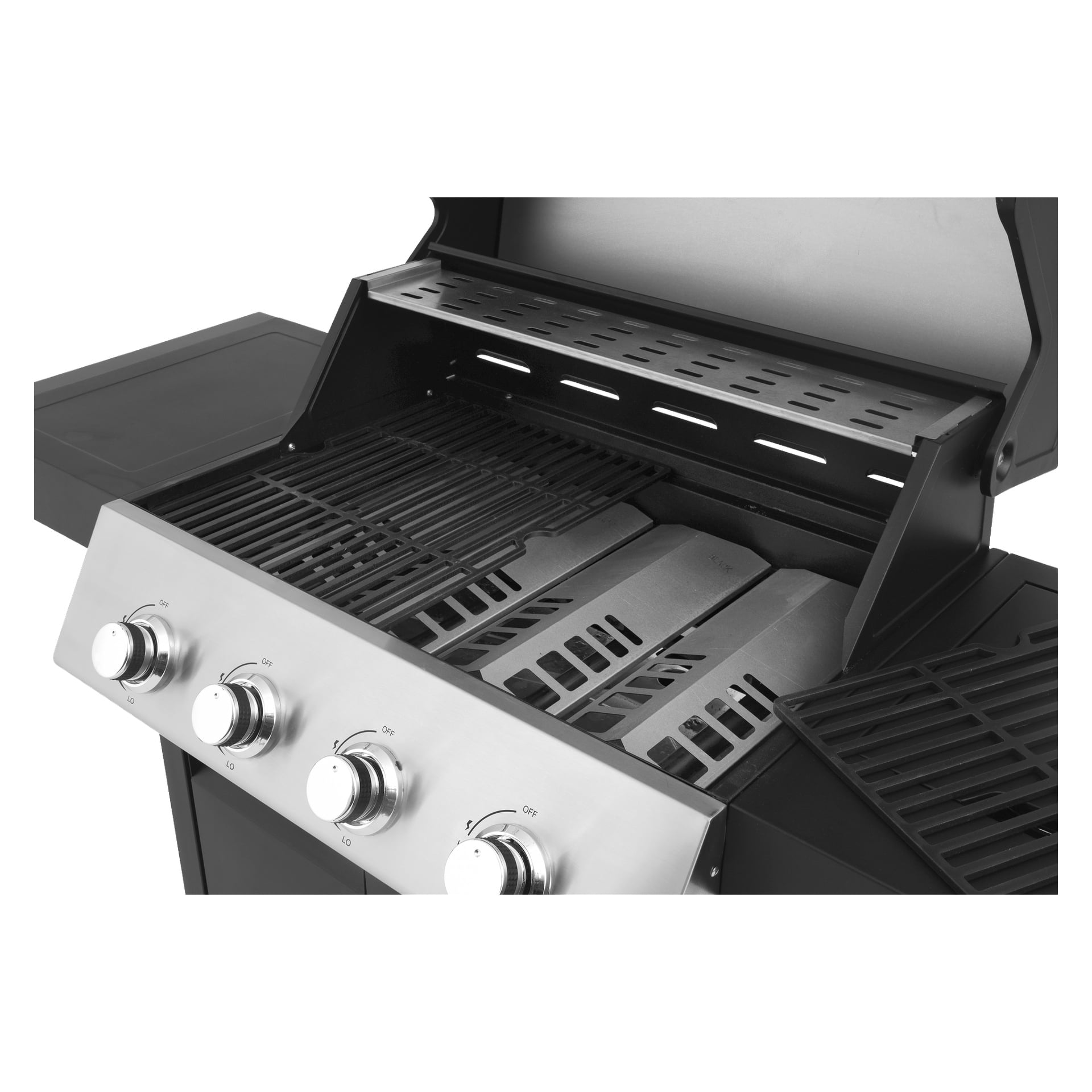 Burns & Barkles Gas Grill Steely King 6342B visas i närbild, med fyra kontrollrattar och ett öppet lock som blottar rostfria galler och värmeplattor.