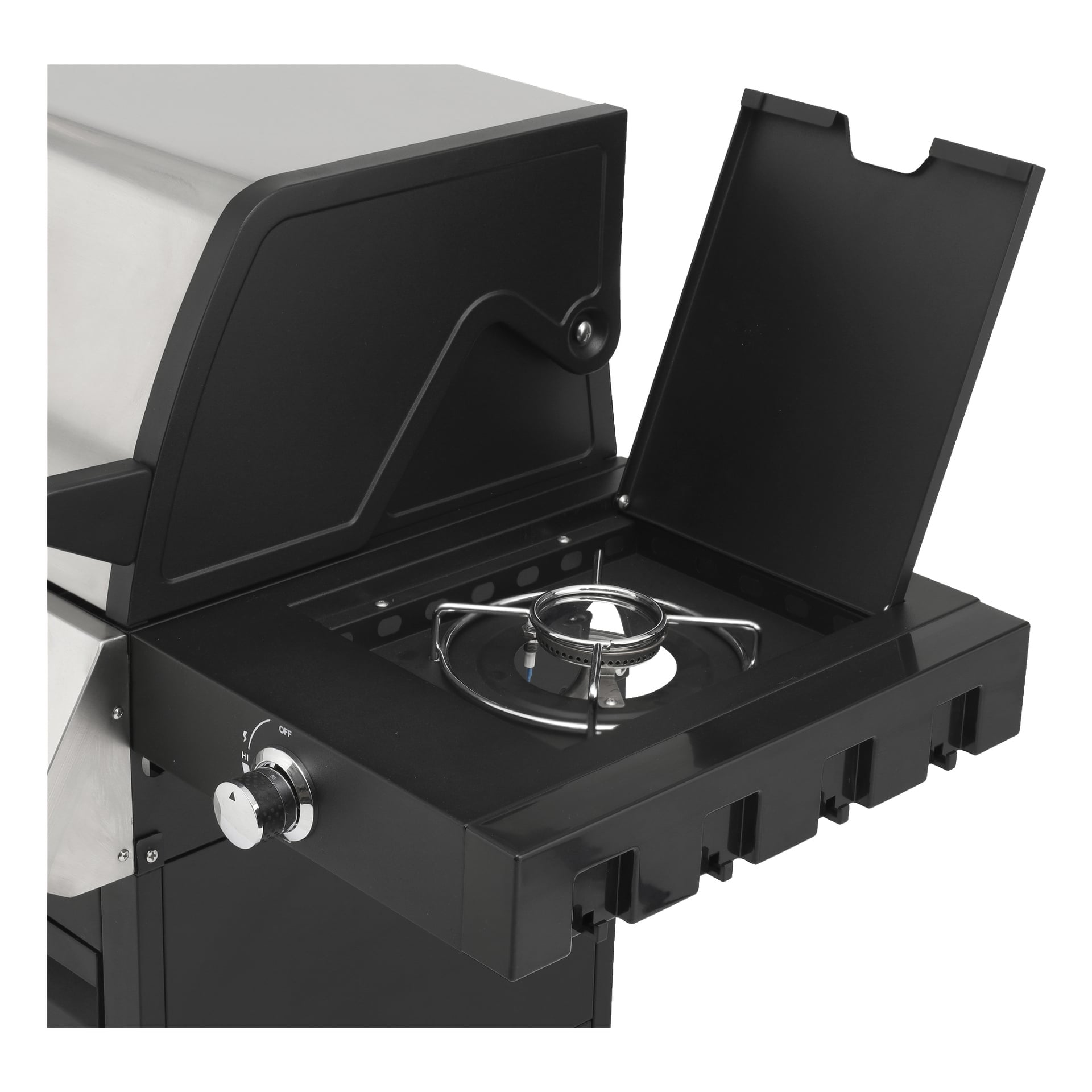 Burns & Barkles Gas Grill Steely King 6342B har en elegant svart och silverfärgad finish och inkluderar en sidobrännare. Den öppna sidobrännaren visar sitt metallgaller och kontrollratt, med grilllocket delvis synligt och sidobrännarens lock uppspänt.