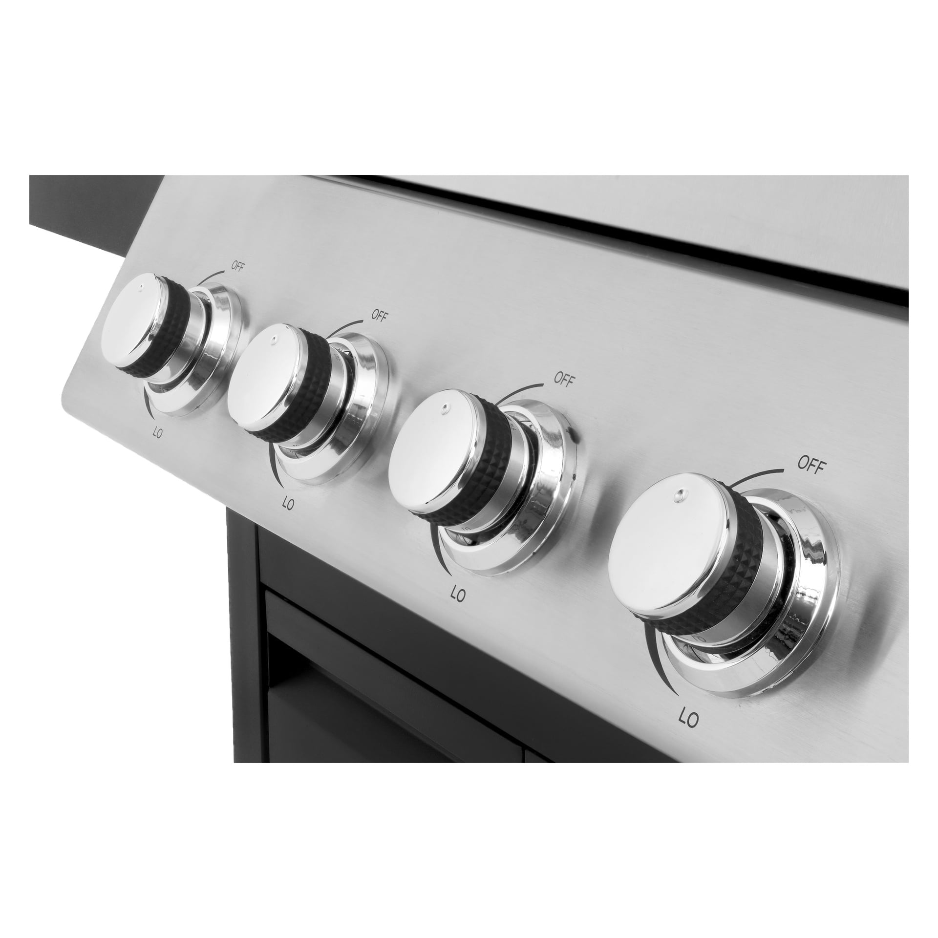 Närbild av fem metallstyrknappar på Burns & Barkles Gas Grill Steely King 6342B, alla vridna i av-läge. Den vinklade rostfria stålpanelen har LO- och AV-etiketter bredvid varje ratt.
