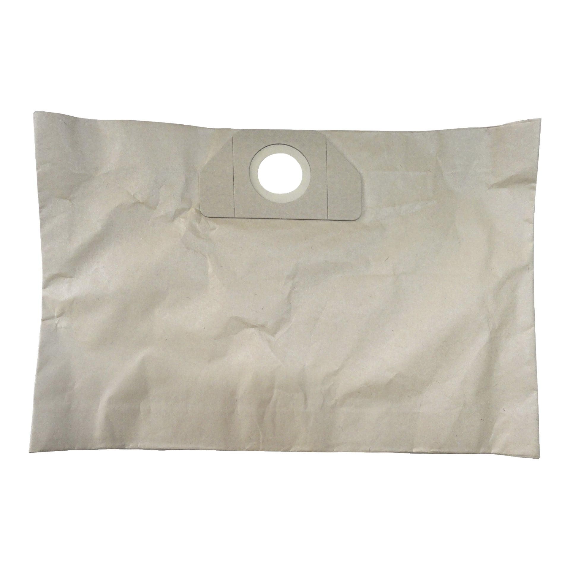 En beige, rektangulär Meec Tools dammsugarpåse från "Vacuum cleaner bags 5-pack"-setet ligger platt och visar en cirkulär pappkrage med ett centralt hål nära toppen.