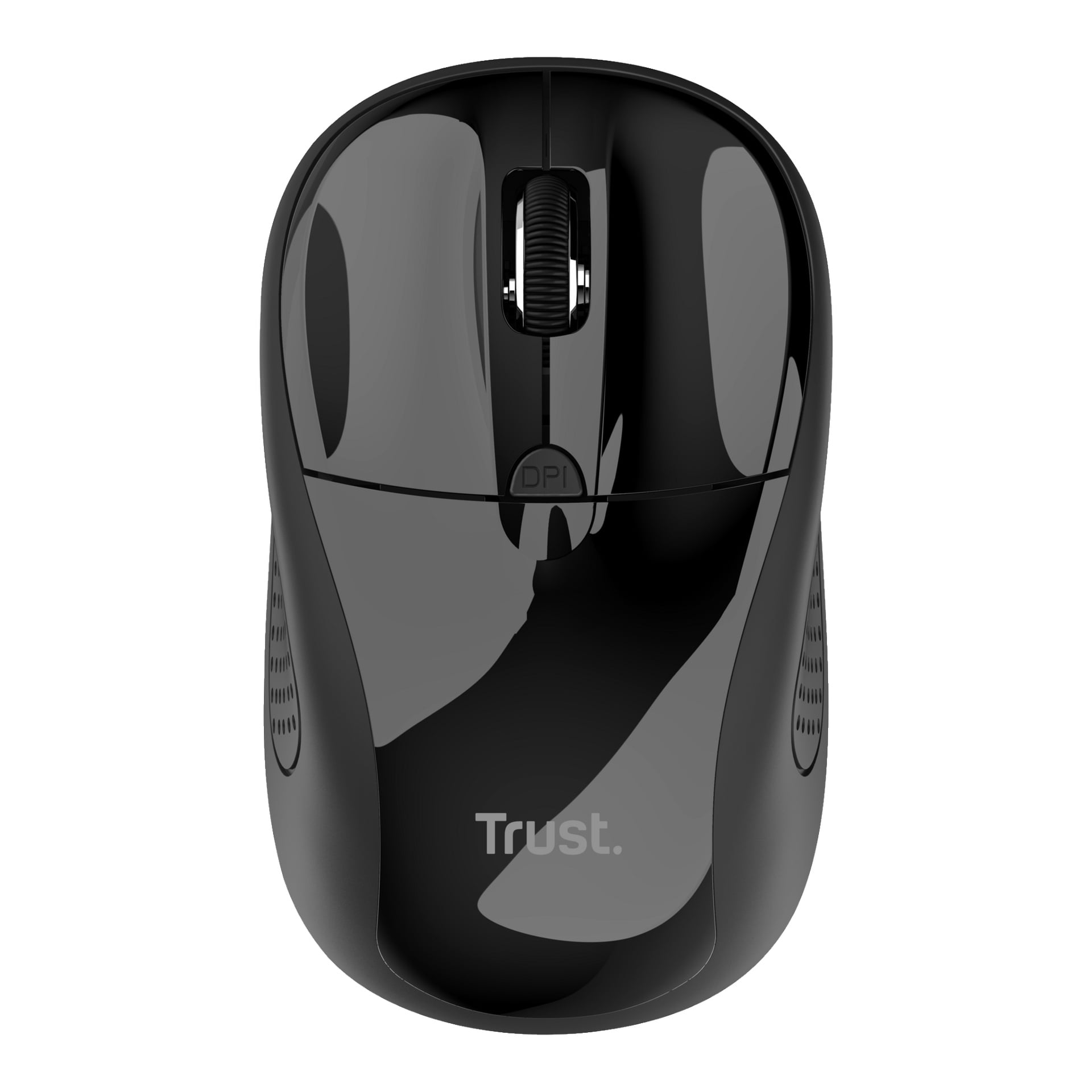 En blank svart trådlös mus från Trust med sidotexturerade grepp, ett scrollhjul, en DPI-knapp under hjulet och Trust-logotypen märkt Trust längst ner.