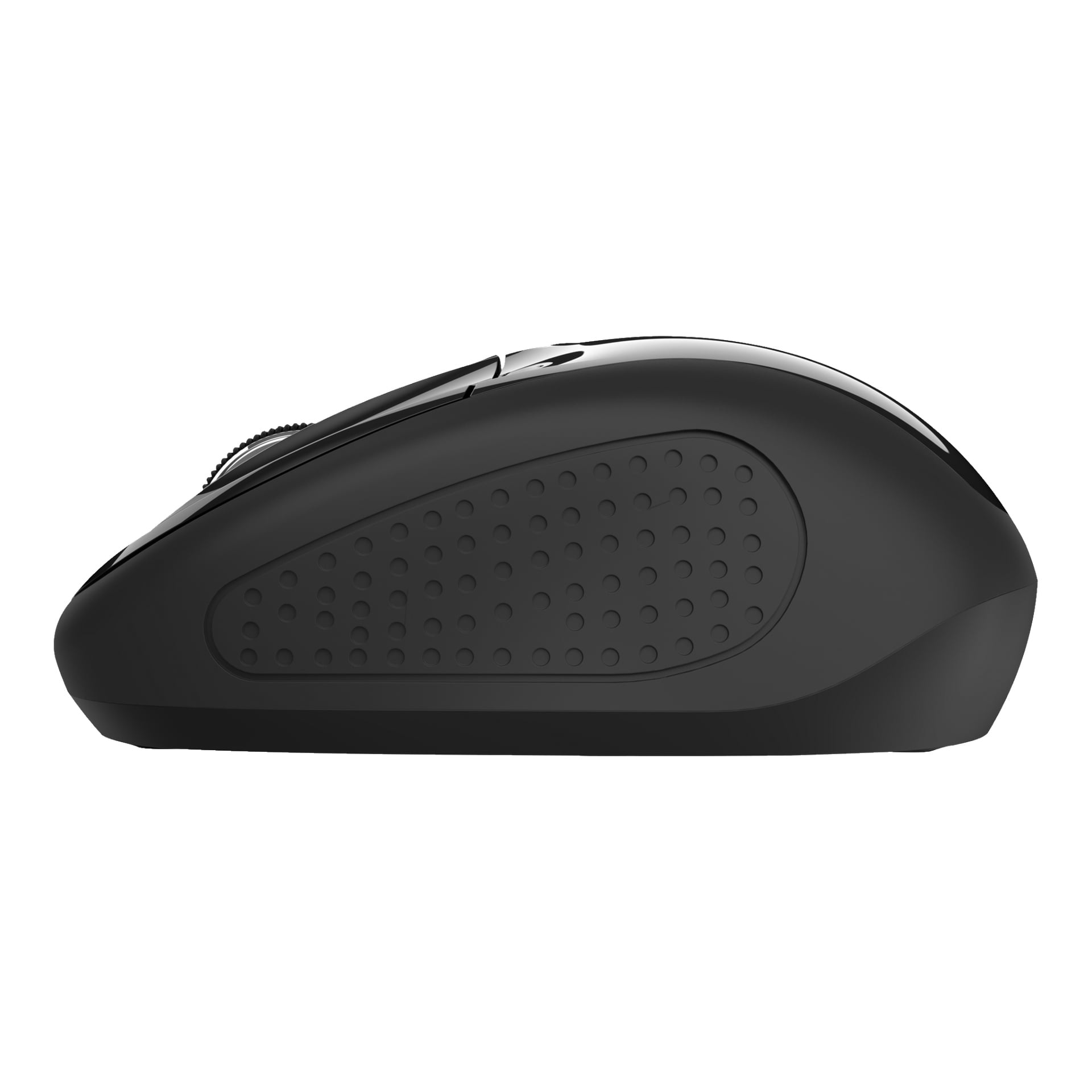 Sidovy av den svarta Trust Wireless-musen med ett texturerat grepp och två knappar ovanpå. Designen är slank och ergonomisk för bekväm användning.