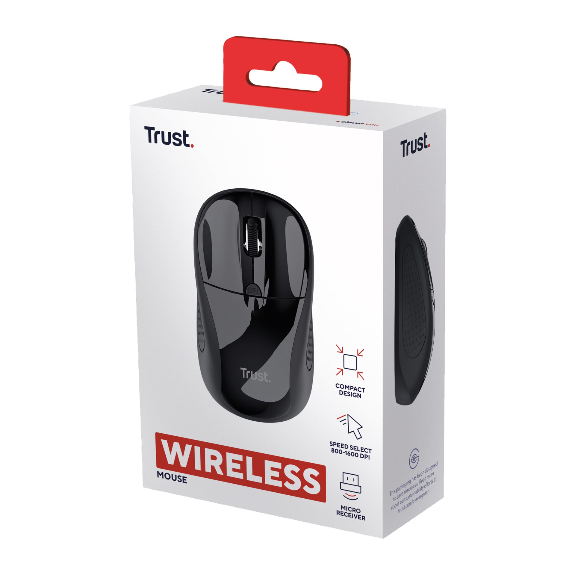 Trust Wireless musbox visar den svarta musen genom ett genomskinligt fönster, vilket betonar dess kompakta design och funktioner som justerbar hastighet (800–1600 DPI) och en medföljande mikromottagare.