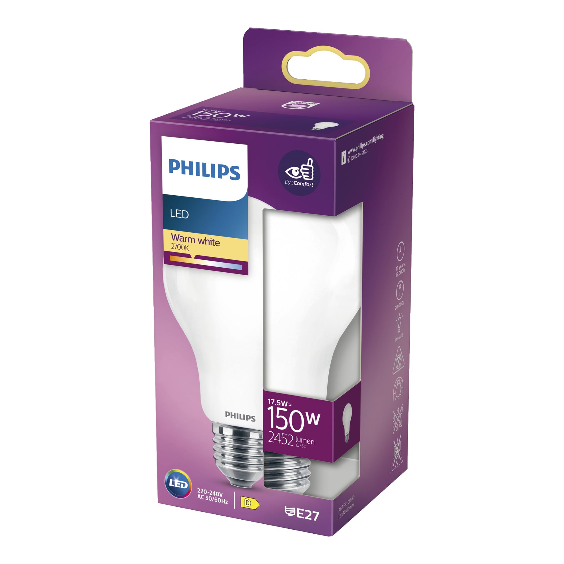 Philips Normal LED-lamplåda med en 17,5W-lampa (med ljusstyrka motsvarande 150W), 2452 lumen, varmt vitt ljus på 2700K och E27-bas. Förpackningen är lila och vit med synliga produktspecifikationer synliga.