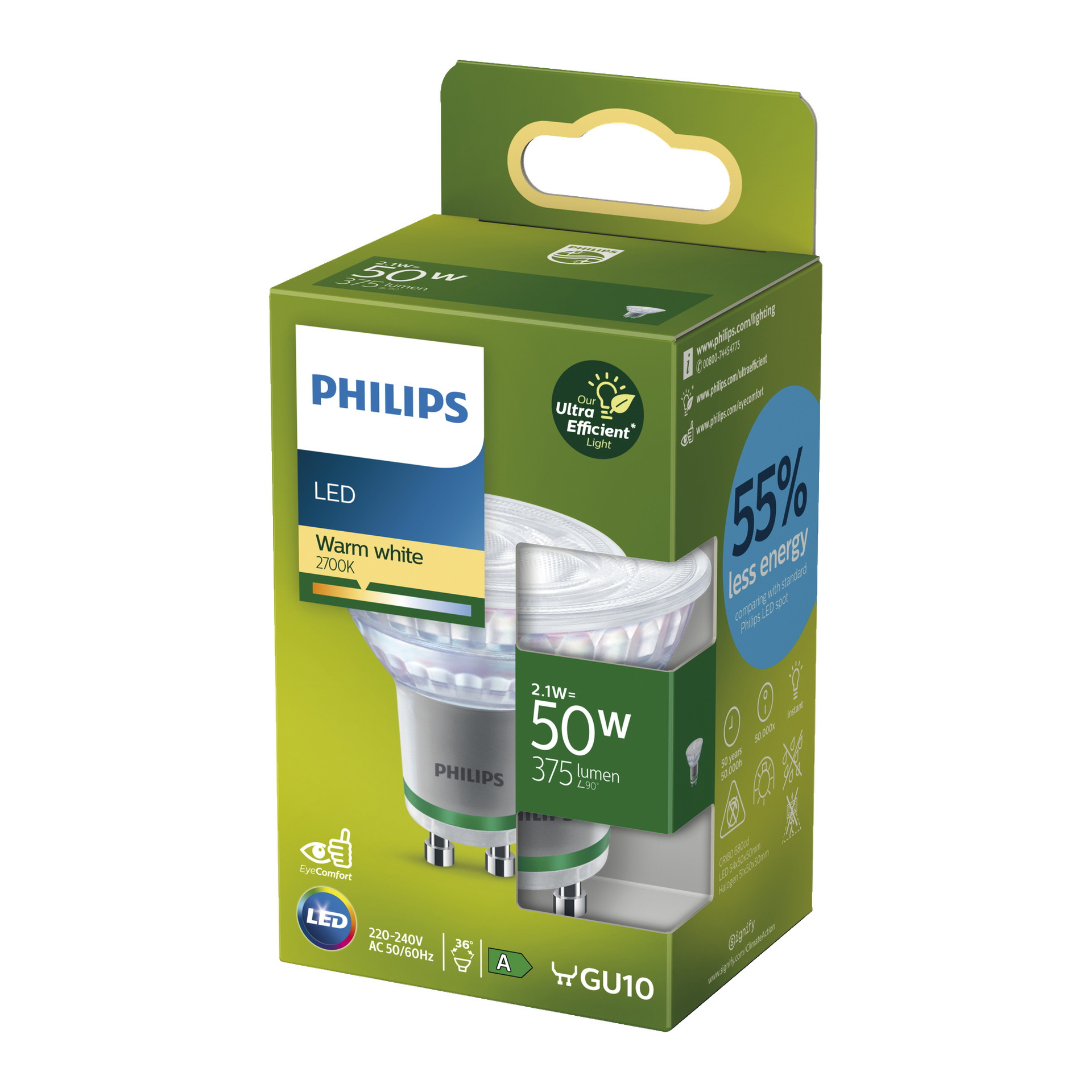 En grön Philips LED-reflektorlåda märkt GU10, 2,1W (ersätter 50W), som framhäver 375 lumen, varmt vitt ljus vid 2700K och ultra effektivitet med 55 % mindre energiförbrukning. Etiketter för EyeComfort och prestanda är synliga. Lampan kan delvis ses inuti förpackningen.