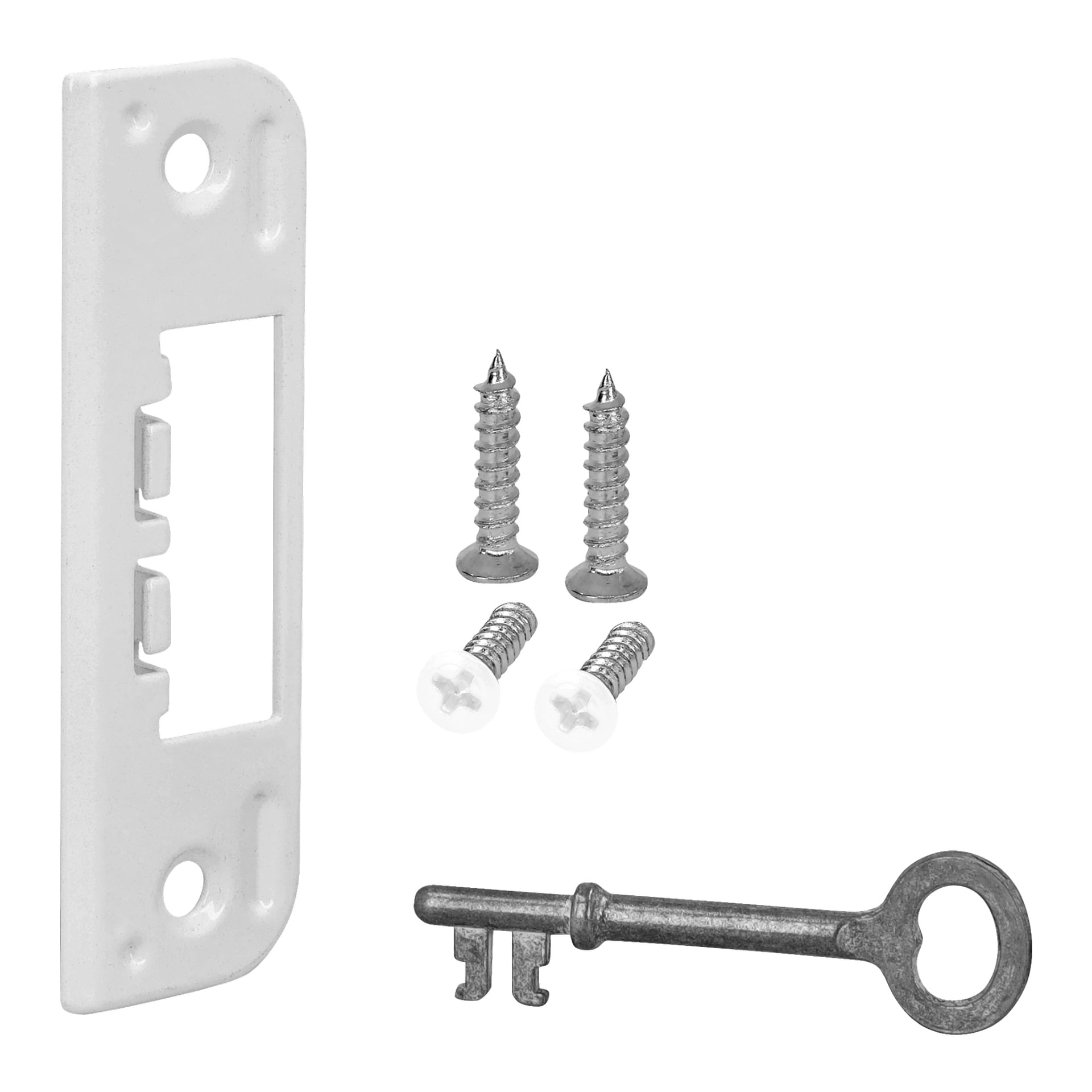 Et Hard Head Lock-hus for en innerdør 2020 vises med en hvit metallplate, to standard treskruer, to skruer med hvite lokk, og en liten metallskjelettnøkkel pent arrangert.