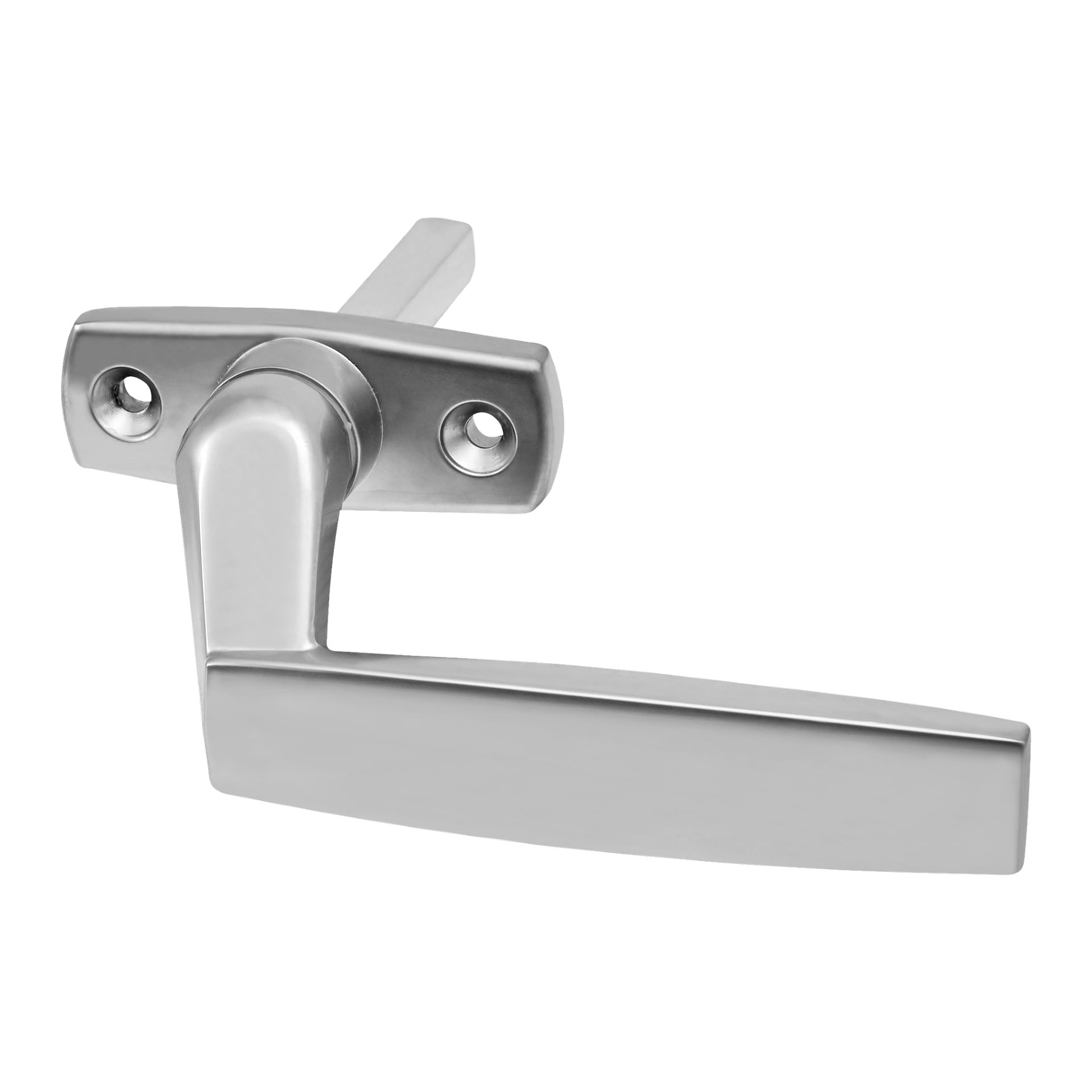 Et detaljert bilde av et Hard Head sølvfarget metallvindushåndtak, med to skruehull på monteringsplaten.