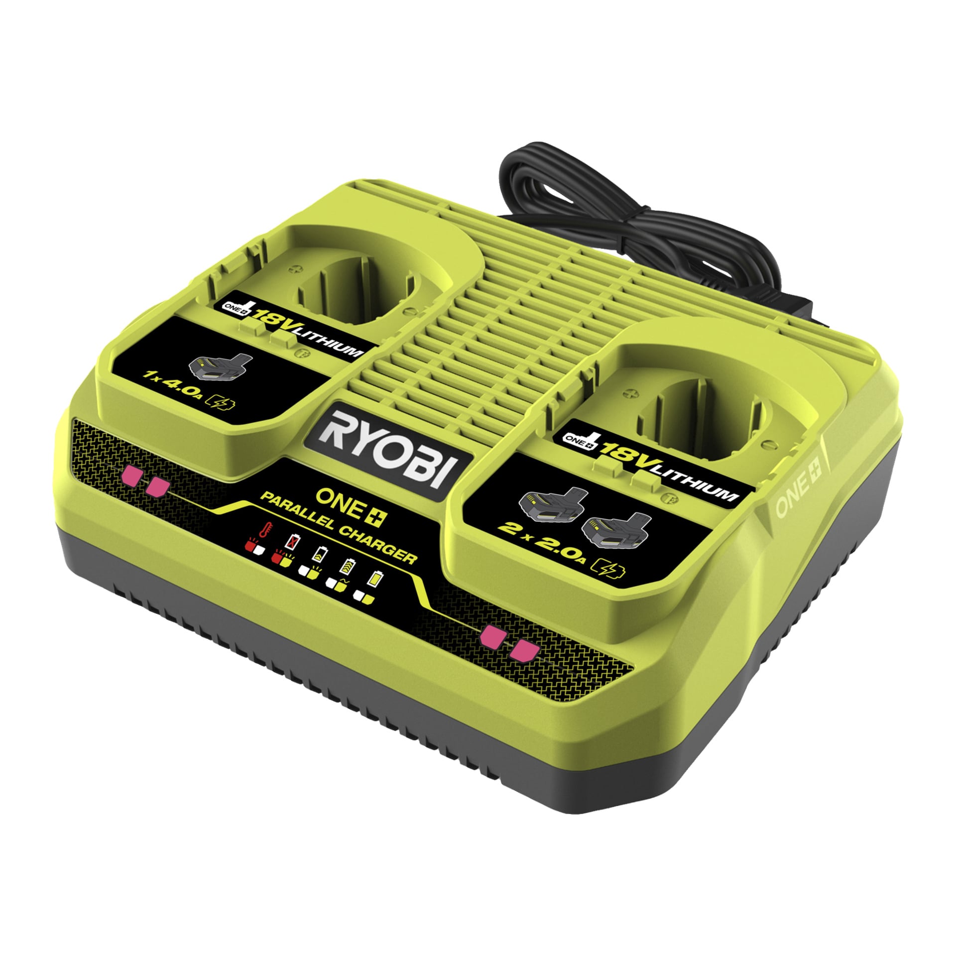 En grön Ryobi One+ dubbelladdare designad för 18V litiumbatterier, med två laddningsfack, indikatorlampor framtill och en spiralad strömkabel synlig bakom.