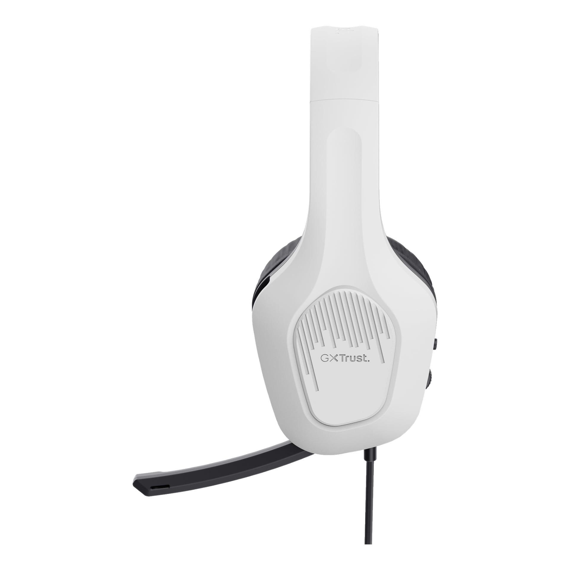 Trust Gaming GXT 415PS ZIROX är ett stilfullt vitt gamingheadset med en svart mikrofonbom fäst och en tydligt synlig kabel. Dess öronkåpa visar Trust Gaming-logotypen, och en del av headsetet har en texturerad finish.