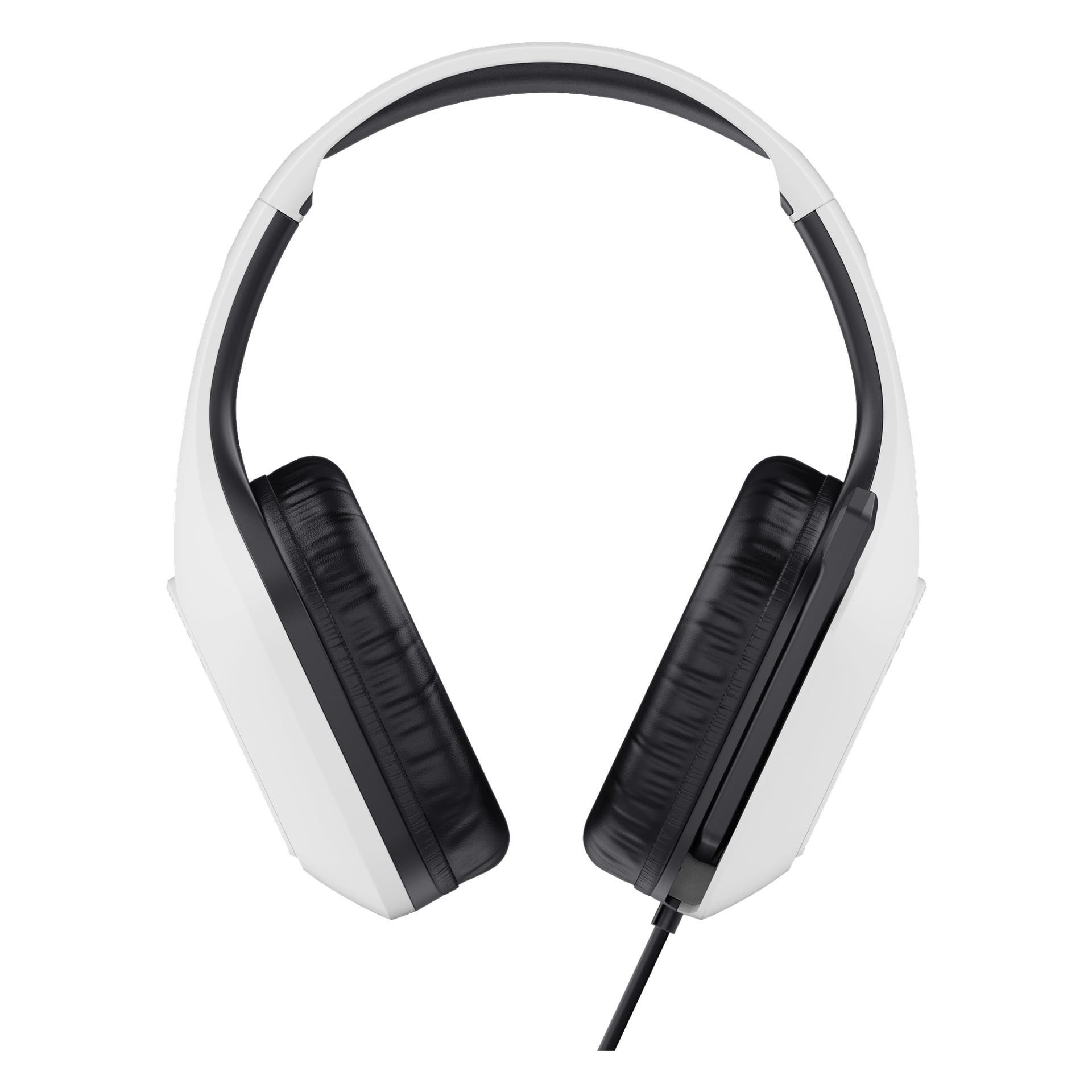 Trust Gaming GXT 415PS ZIROX-headsetet har över-öra-trådade hörlurar med vitt yttre skal, svarta vadderade öronkuddar och en synlig kabel som kommer från vänster öronkåpa.