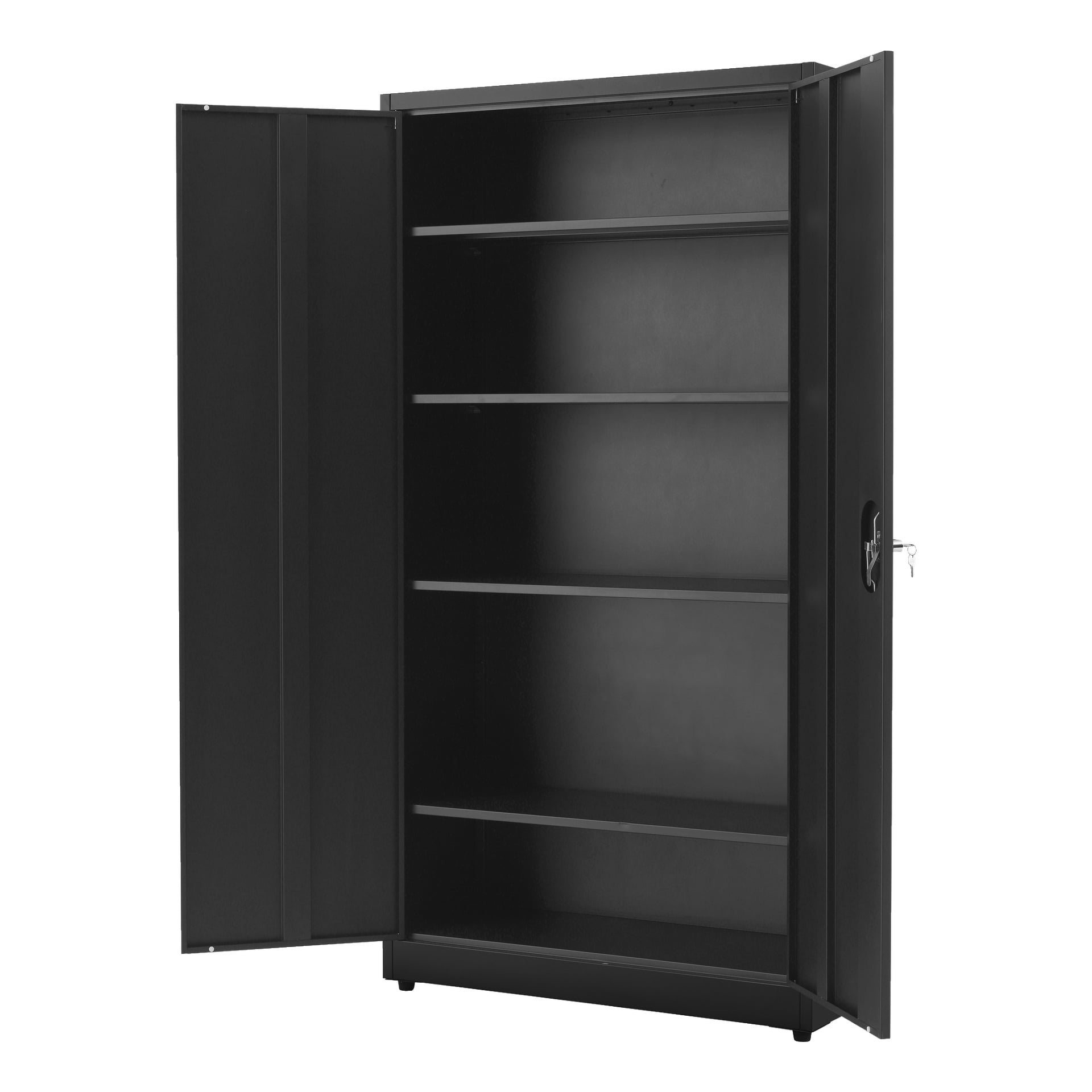 Ett svart metallskåp för Hard Head Storage med två dörrar står upprätt, en dörr öppen för att visa fyra tomma hyllor inuti. Höger dörr har lås.