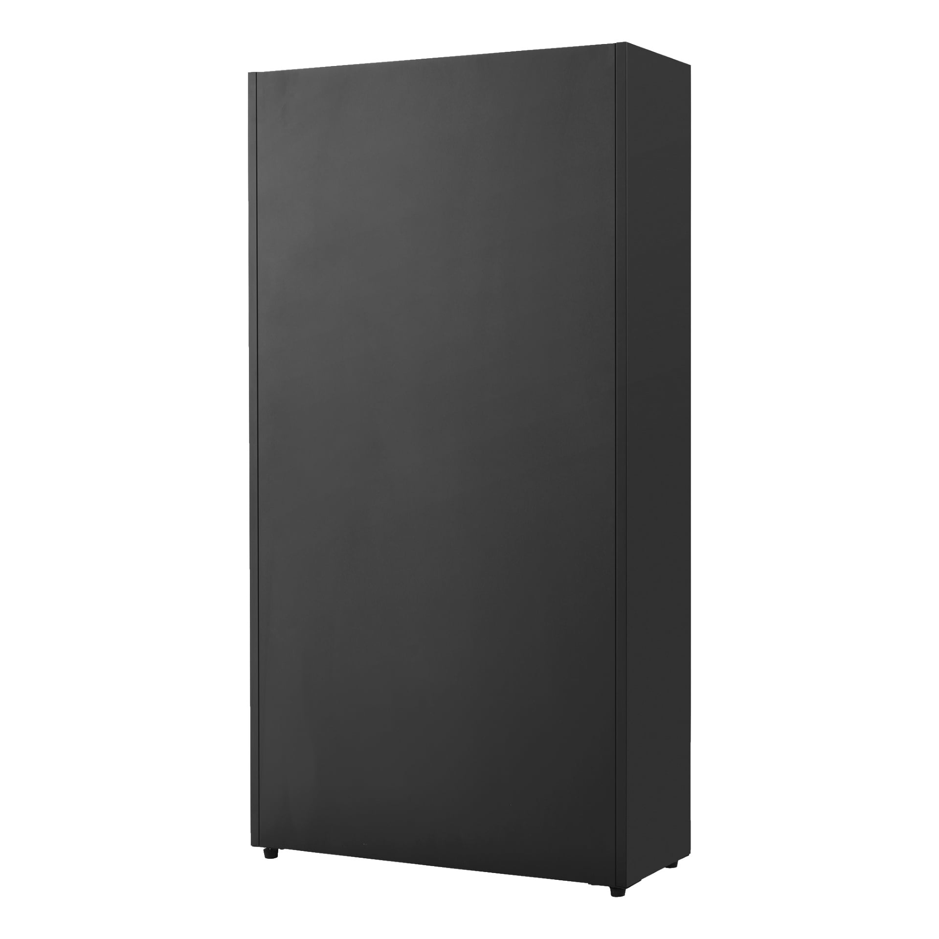 Hard Head Storage Cabinet 2 Doors är högt och rektangulärt med matt svart finish och släta, handtagslösa dörrar. Dess design är enkel och modern, med betoning på minimalism.