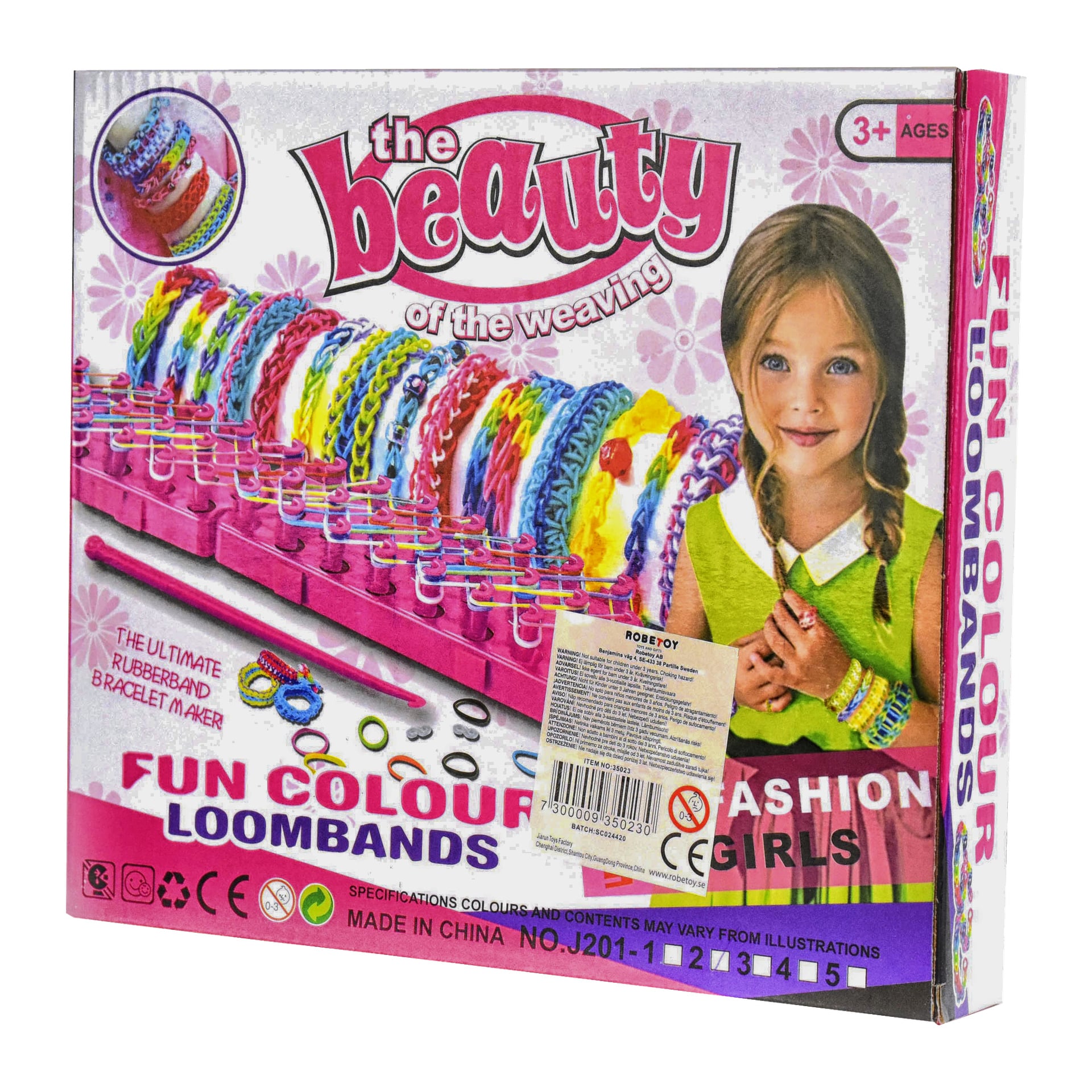 En rosa Robetoy-boks merket Loom Bands 1200-pakke inneholder livlige gummibåndarmbånd, et vevverktøy og en smilende jente som bærer flere armbånd. Emballasjen sier morsomme fargebånd og indikerer at det er for 3+ år.
