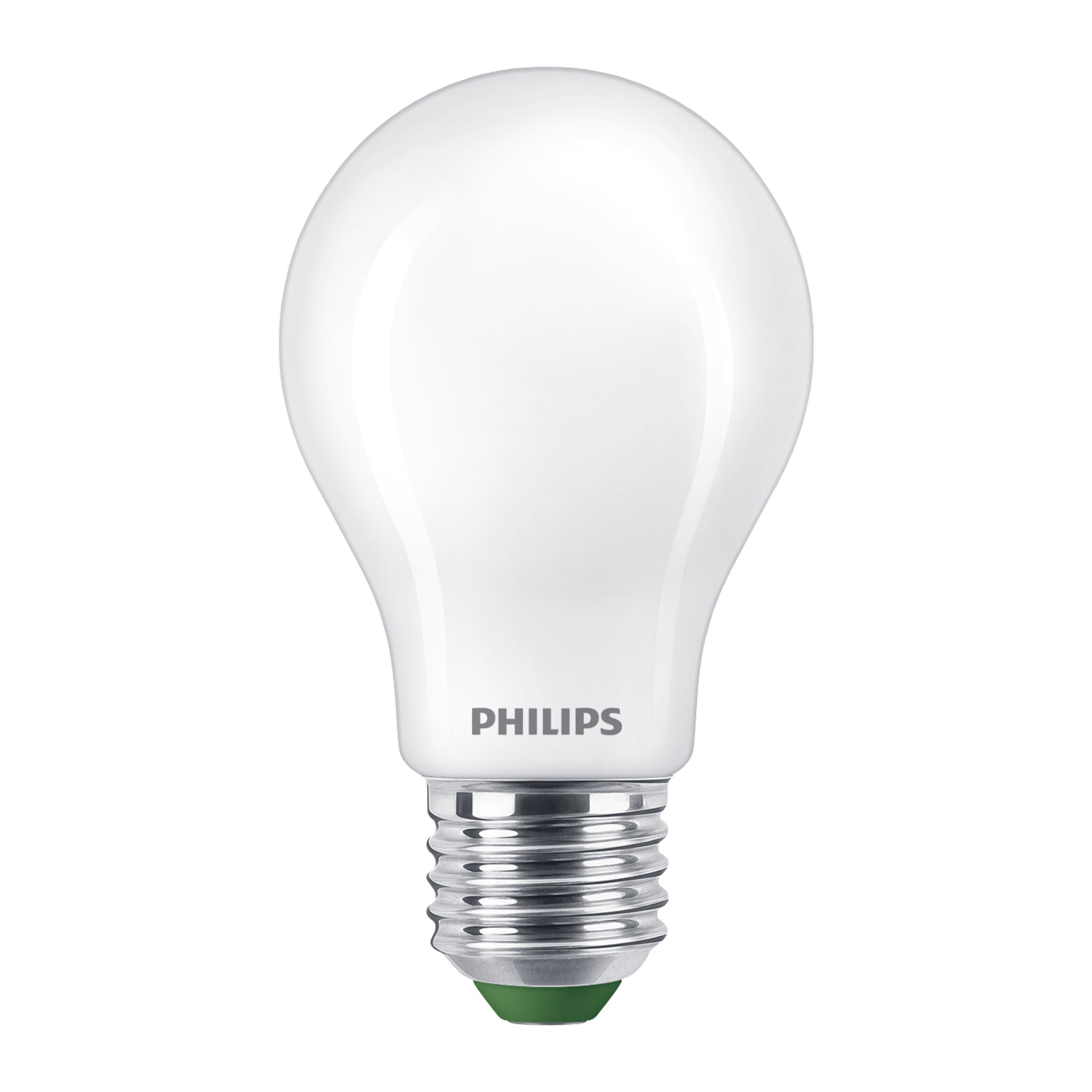 En Philips Normal LED-lampa med skruvbas visas. Den nedre delen av lampan visar varumärket "PHILIPS" i grå bokstäver.