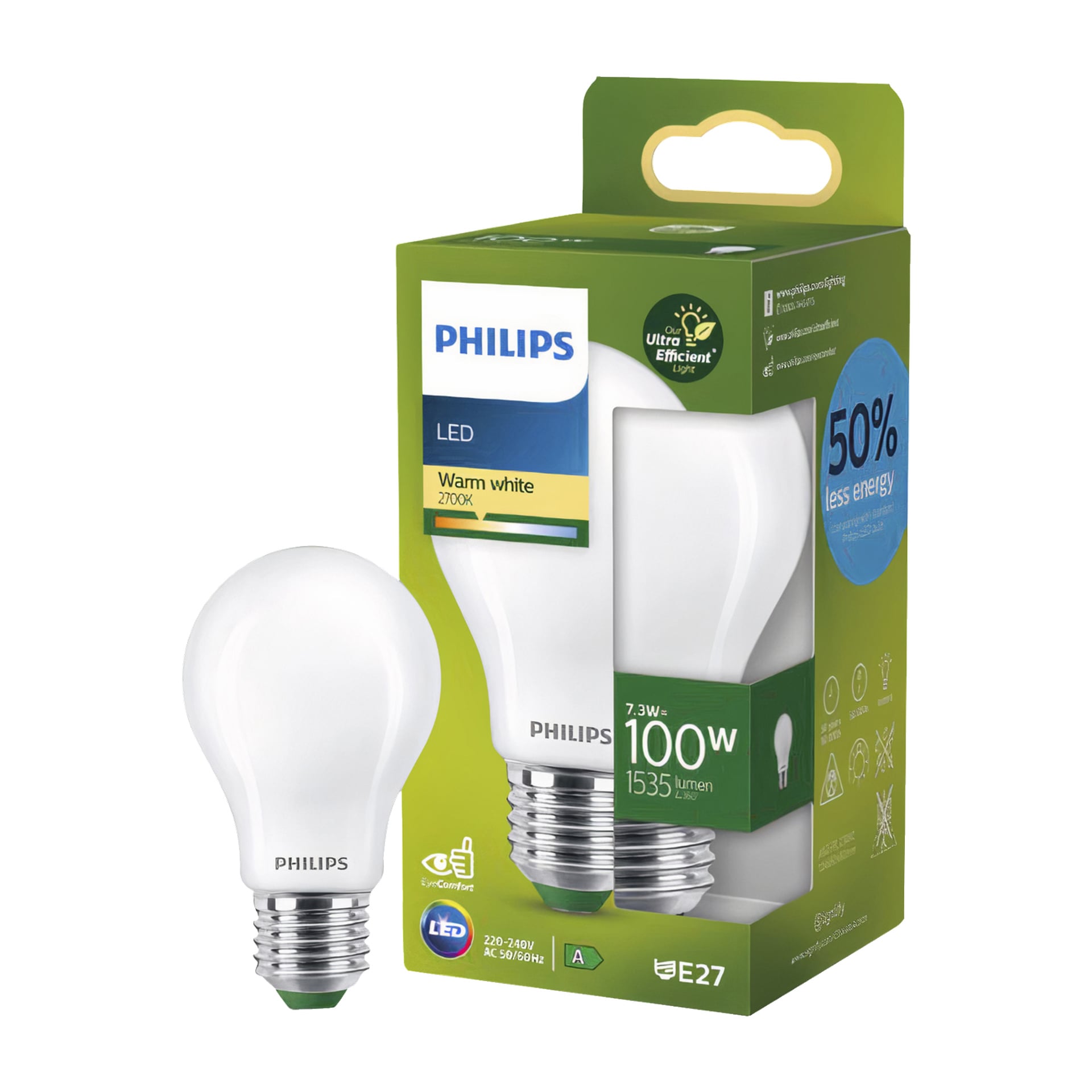 En Philips Normal LED-lampa bredvid sin låda, som visar 7,3W strömförbrukning (100W jämförbar ljusstyrka), 1535 lumen, varmt vitt ljus vid 2700K, E27-bas och kompatibilitet med 220-240V. Förpackningen främjar också en lägre energiförbrukning med 50 % och miljövänliga fördelar.