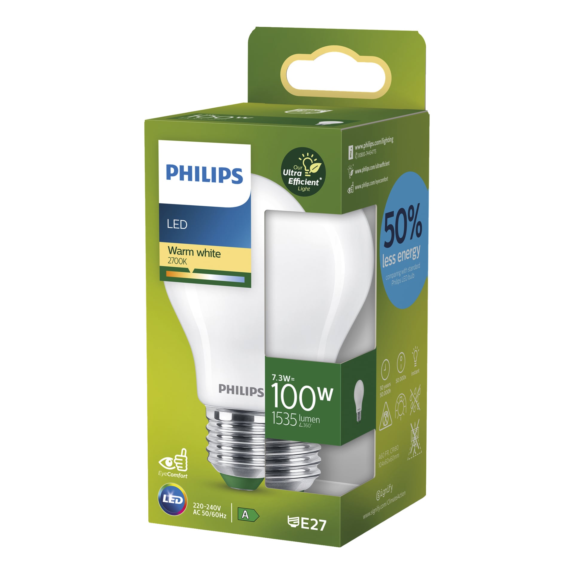 En Philips Normal varmvit LED-lampa visas bredvid förpackningen, som anger viktiga specifikationer: 7,3 watt strömförbrukning (ersätter en 100W-lampa), ljusstyrka på 1535 lumen, E27-bas och påståenden om att använda 50 % mindre energi. Ikonerna på lådan betonar energieffektivitet och komfort.