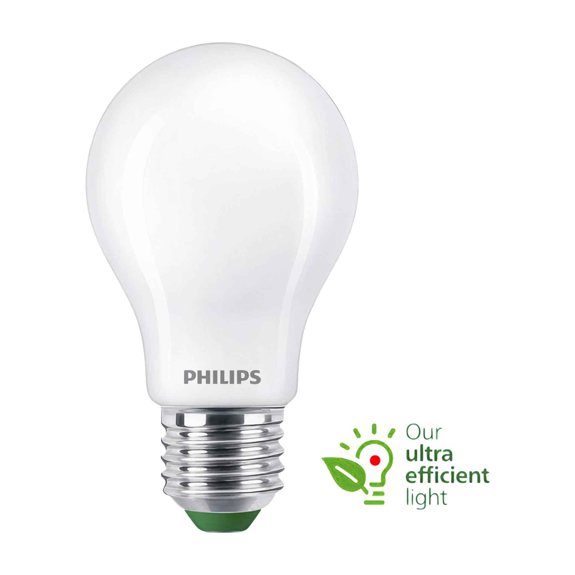En Philips Normal LED-lampa med silverfärgad sockel visas. Bredvid den finns en grön ikon som kombinerar en glödlampa och ett löv, tillsammans med frasen "Our ultra efficient light" som betonar dess energibesparande egenskaper.