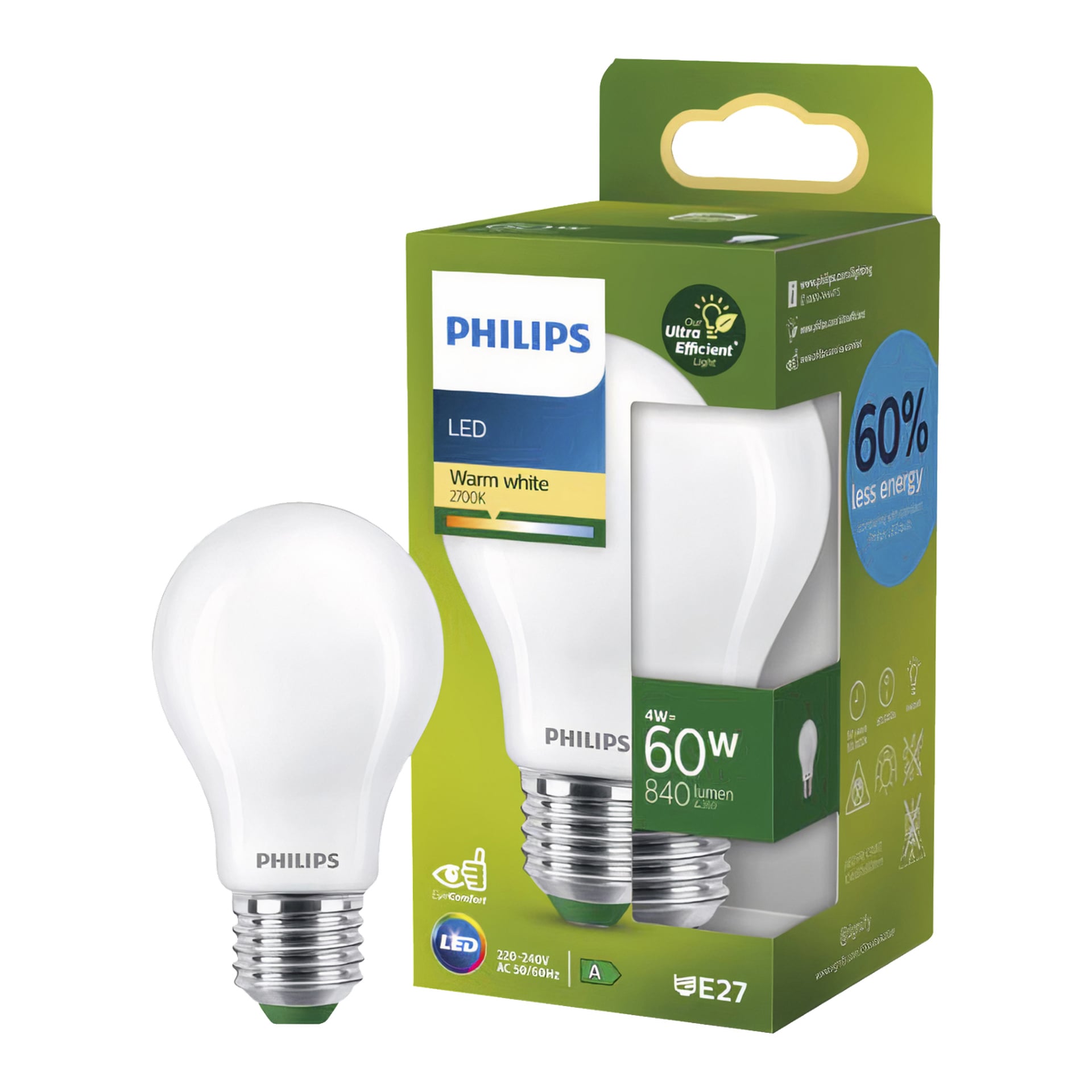 En Philips Normal LED-lampa visas tillsammans med förpackningen, som visar information som varmt vitt ljus, 4 watts strömförbrukning, 840 lumen ljusstyrka, en E27-bas och 60 % minskad energiförbrukning. Lådan visar också en bild av lampan.